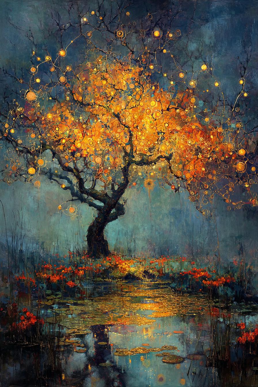 Golden Tree Landscape Painting: Mystical Enchanted Forest Wall Art