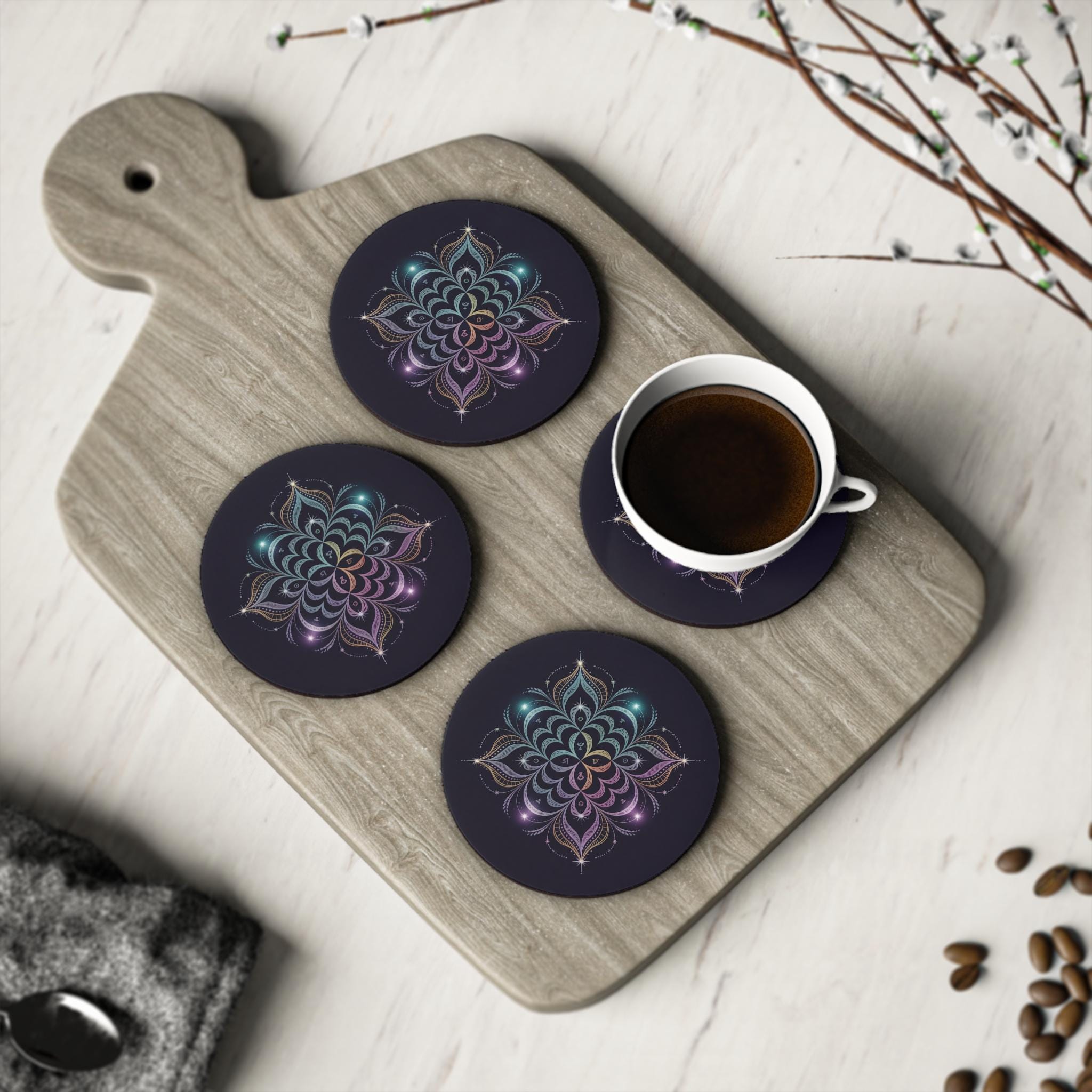 Mystical Mandala Coasters: Indigo Bohemian Drinkware