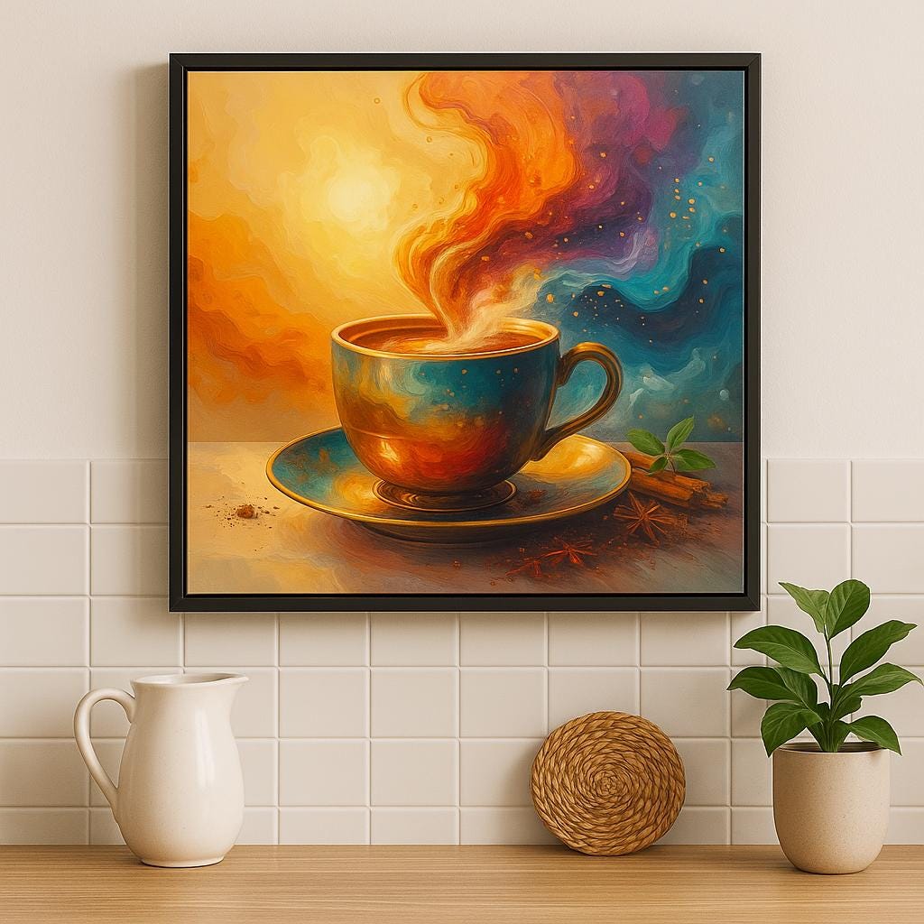 Cosmic Chai Art Print: Surreal Abstract Tea Cup Painting