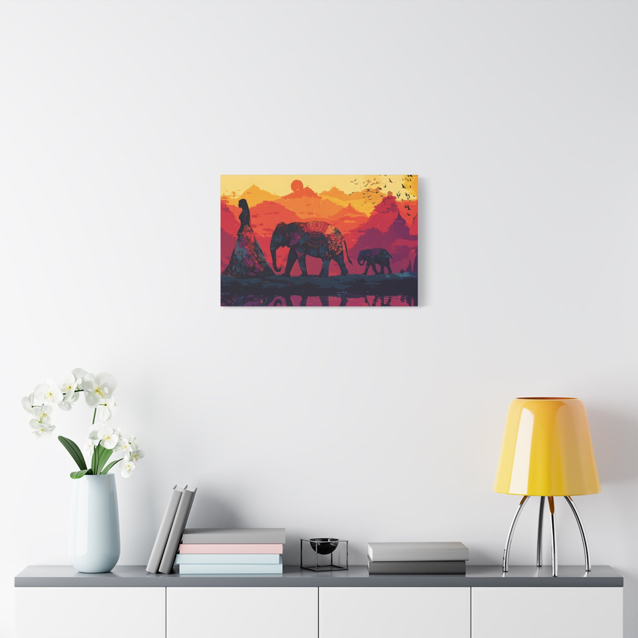 Elephant Journey Wall Art Print, Desert Caravan Sunset Landscape, Spiritual Boho Decor, Mindful Home Wall Art