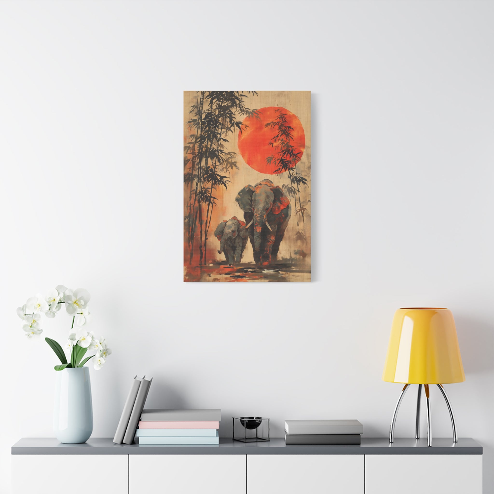Japandi Elephant Wall Art Print - Mother & Calf for Living Room or Nursery