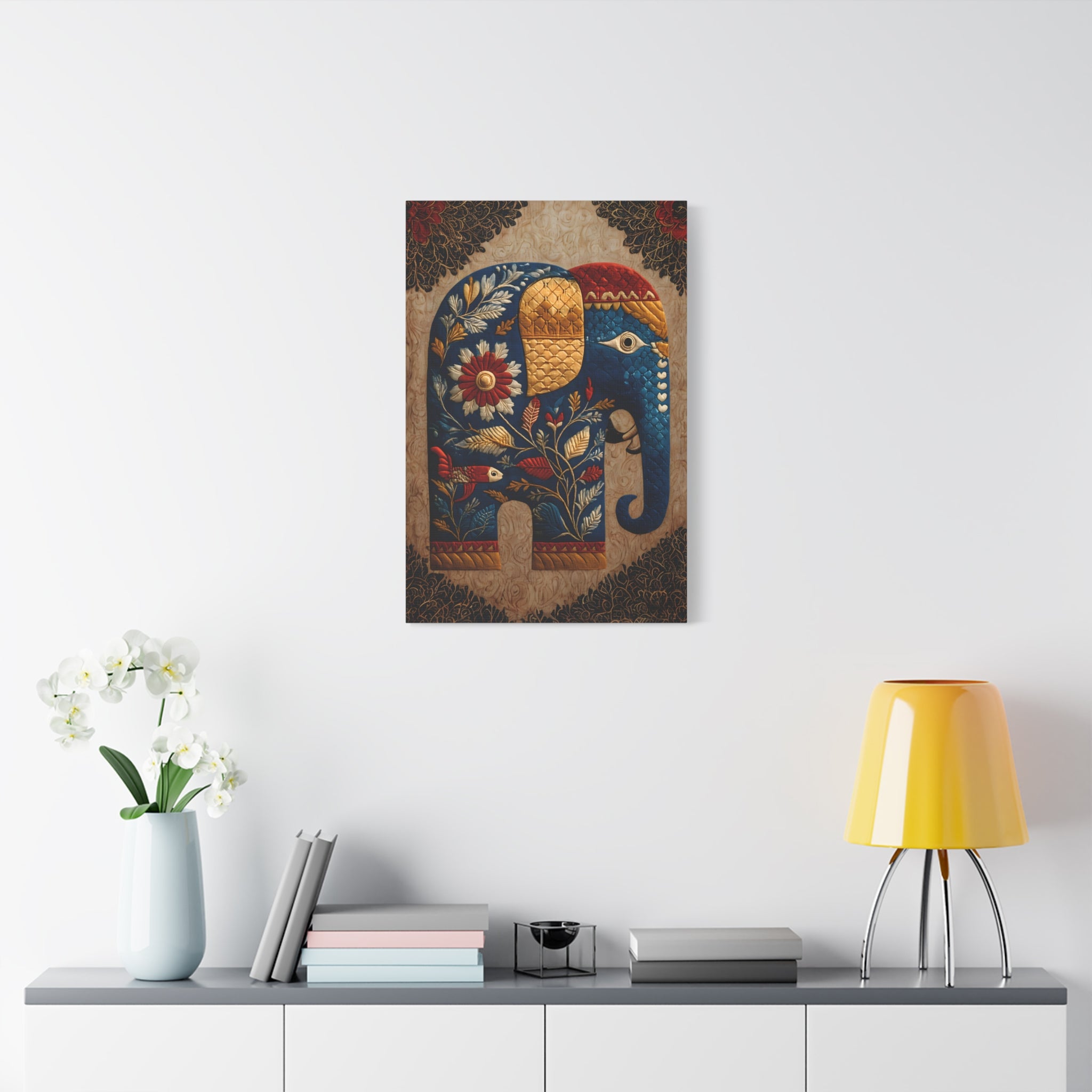 Rajasthani Folk Elephant Wall Art Print  Blue Embossed Elephant Decor