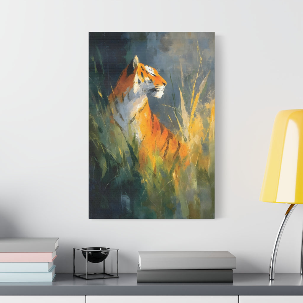 Indian Tiger Art on Canvas - Expressive Wildlife Painting in Golden Orange and Green - Vertical Statement Wall Art