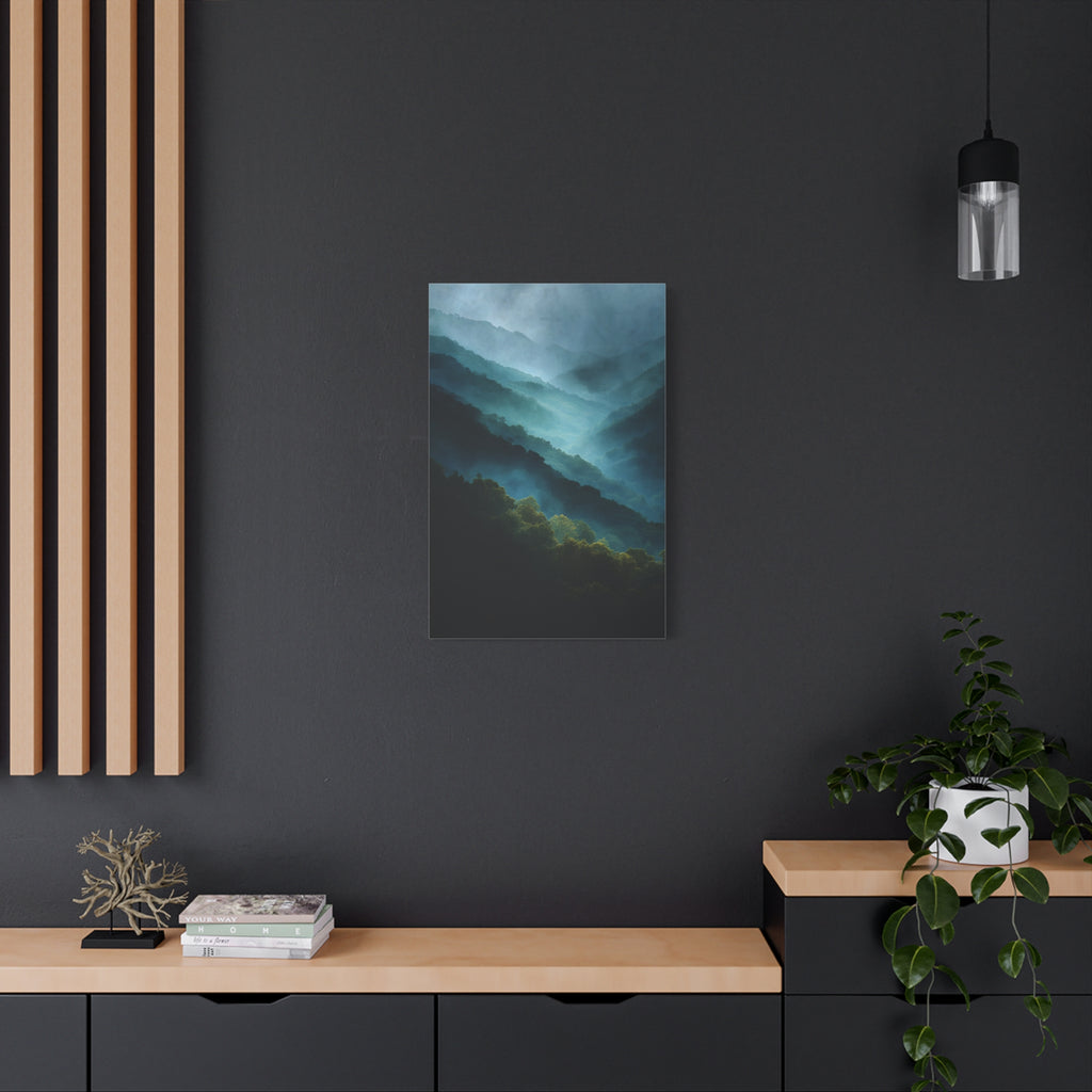 Misty Landscape Wall Art - Moody Blue Green Nature - Calm Modern Decor