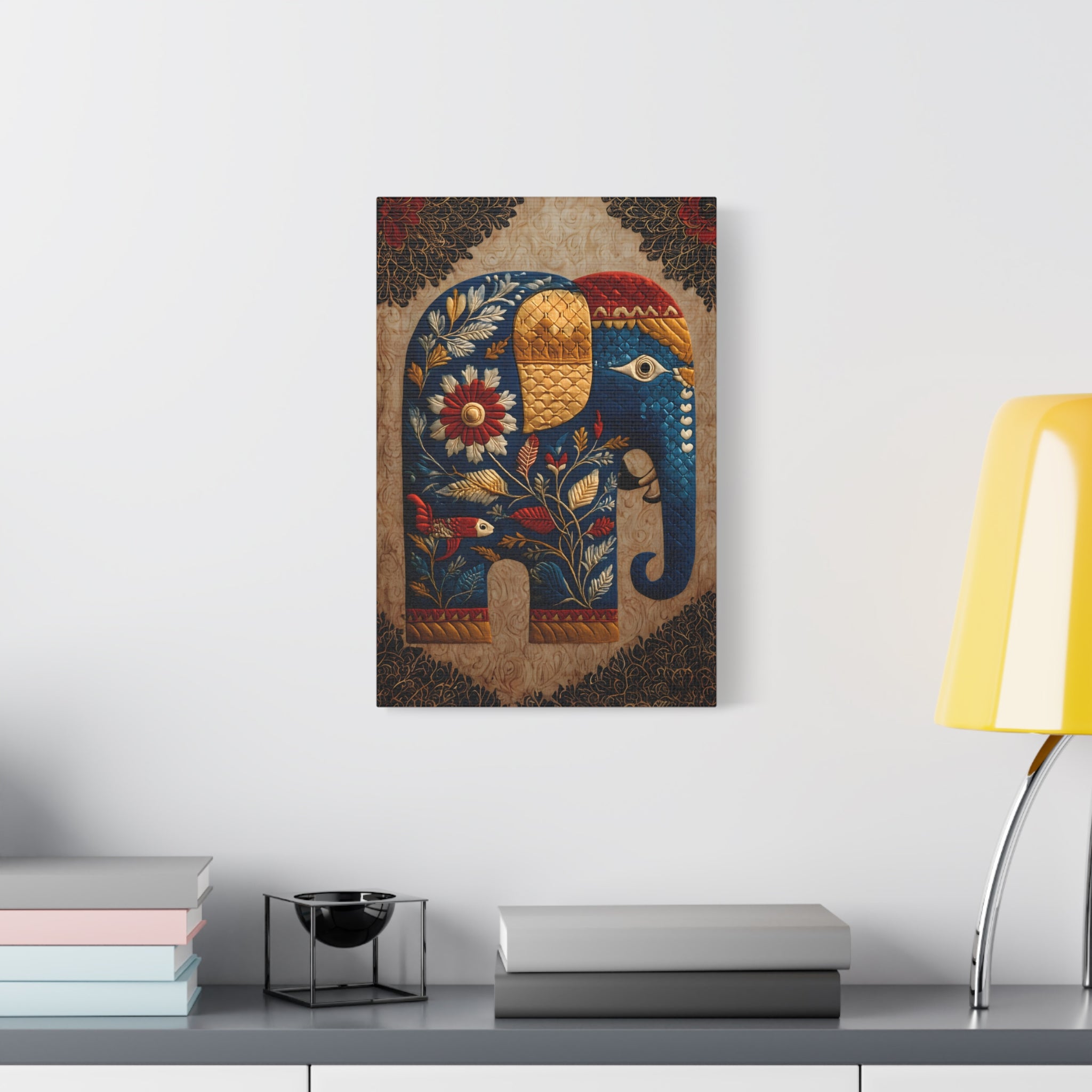 Rajasthani Folk Elephant Wall Art Print  Blue Embossed Elephant Decor