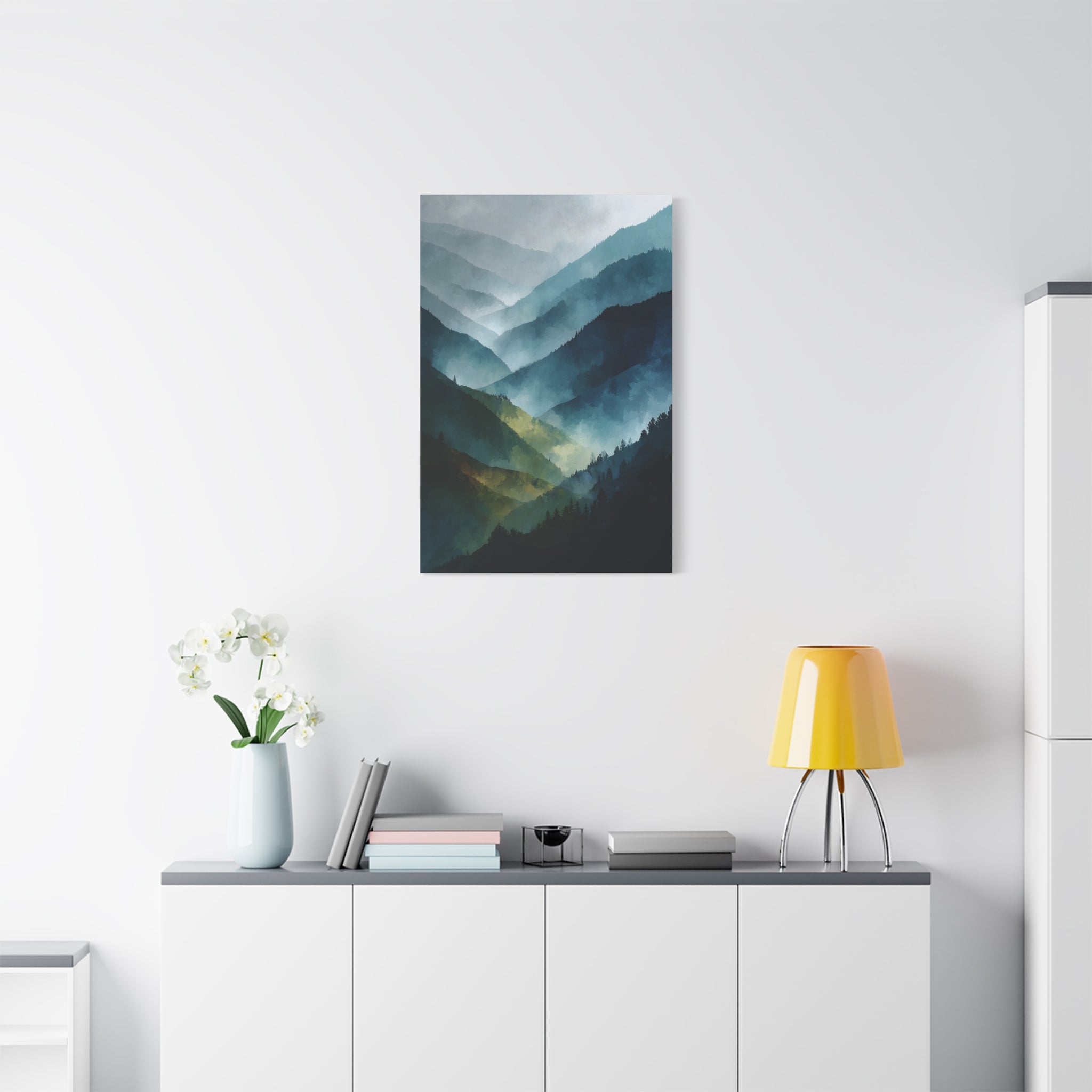 Mountain Wall Art - Misty Blue Green Landscape - Modern Calming Decor