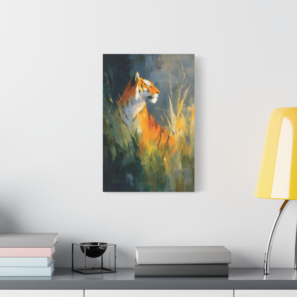 Indian Tiger Art on Canvas - Expressive Wildlife Painting in Golden Orange and Green - Vertical Statement Wall Art