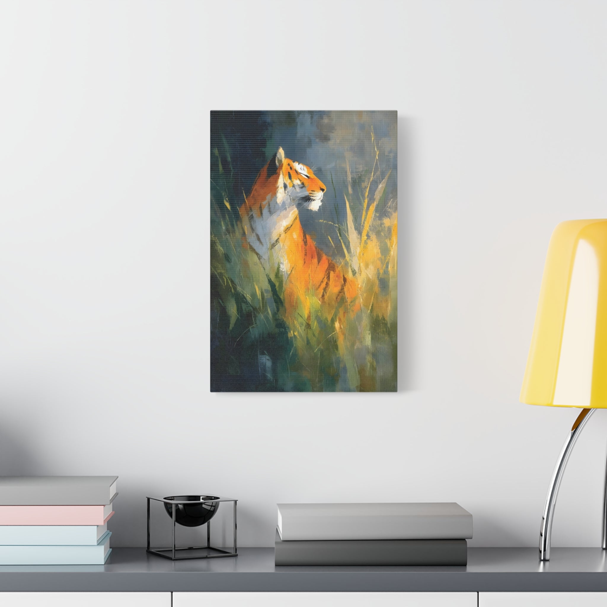 Indian Tiger Art on Canvas - Expressive Wildlife Painting in Golden Orange and Green - Vertical Statement Wall Art