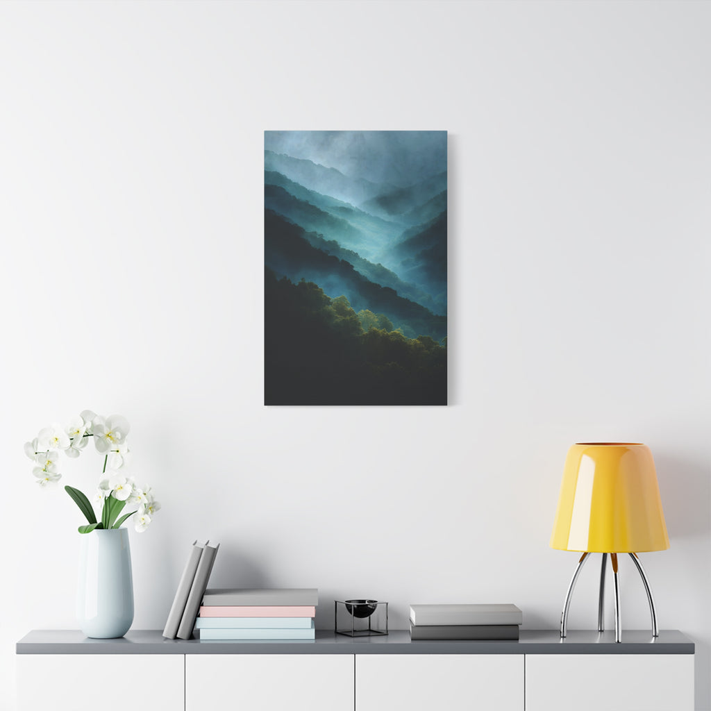 Misty Landscape Wall Art - Moody Blue Green Nature - Calm Modern Decor