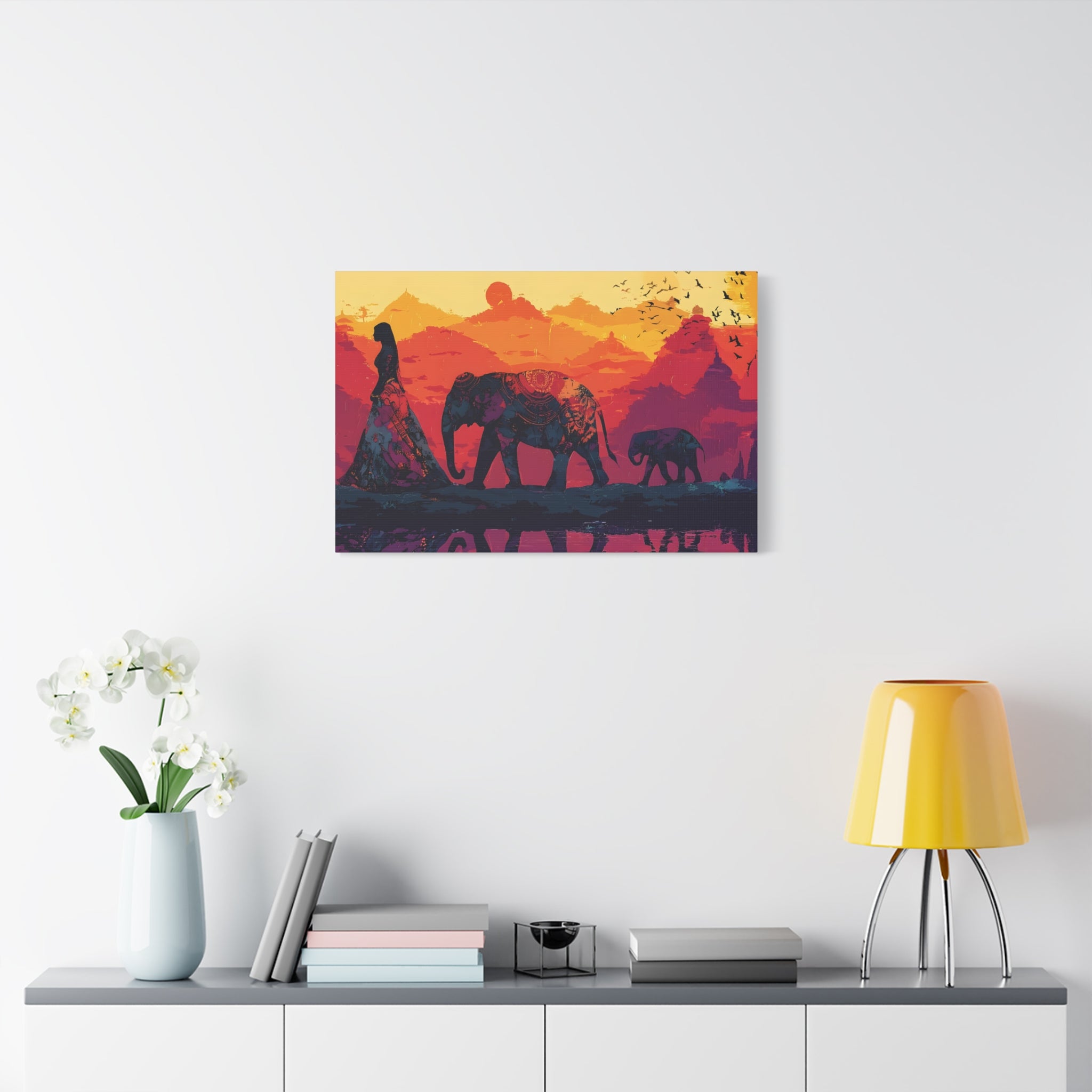 Elephant Journey Wall Art Print, Desert Caravan Sunset Landscape, Spiritual Boho Decor, Mindful Home Wall Art
