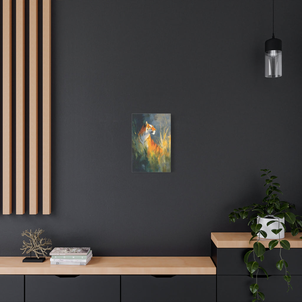 Indian Tiger Art on Canvas - Expressive Wildlife Painting in Golden Orange and Green - Vertical Statement Wall Art