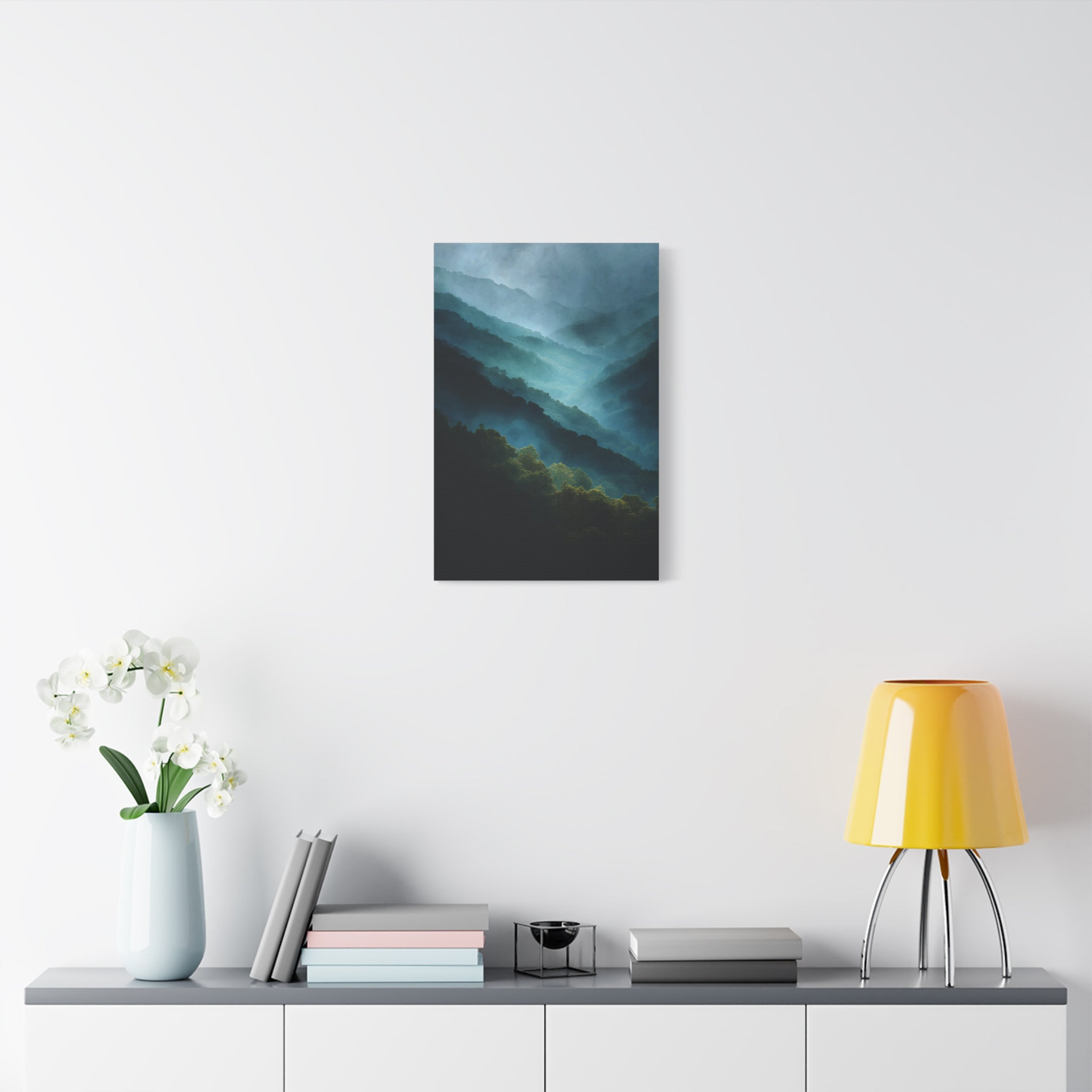 Misty Landscape Wall Art - Moody Blue Green Nature - Calm Modern Decor