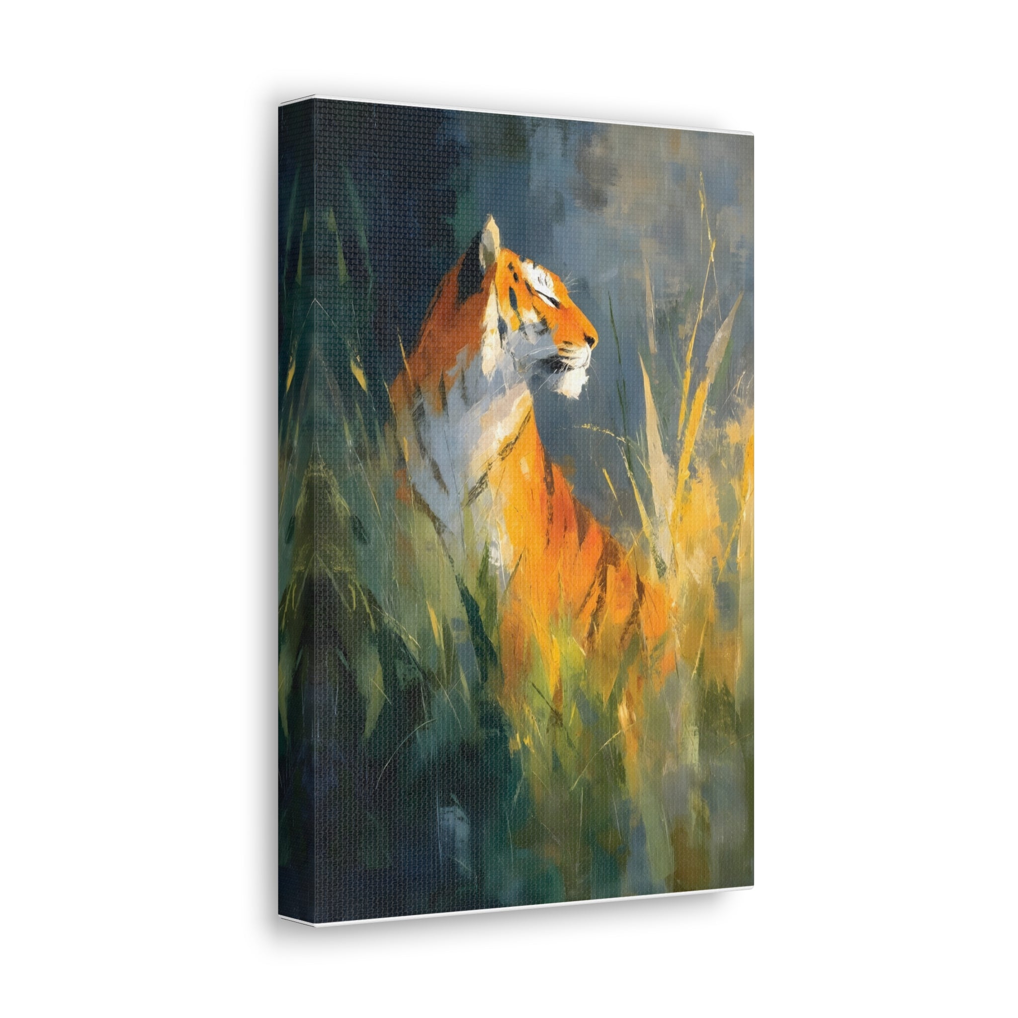Indian Tiger Art on Canvas - Expressive Wildlife Painting in Golden Orange and Green - Vertical Statement Wall Art