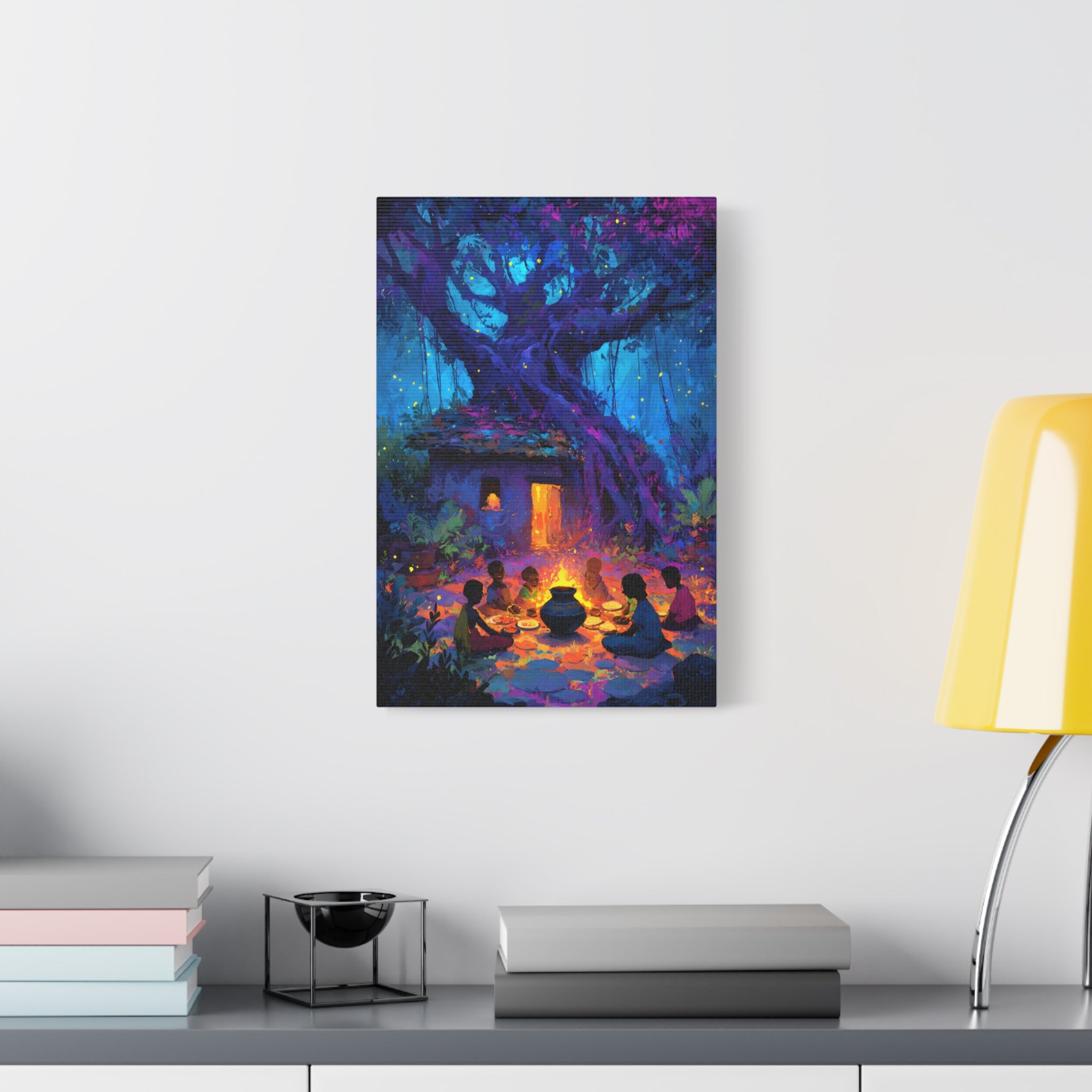 Indian Village Art Print - Banyan Tree Wall Art, Colorful Folk Painting, Rural India Decor, Enchanted Forest Illustration, Village Scene