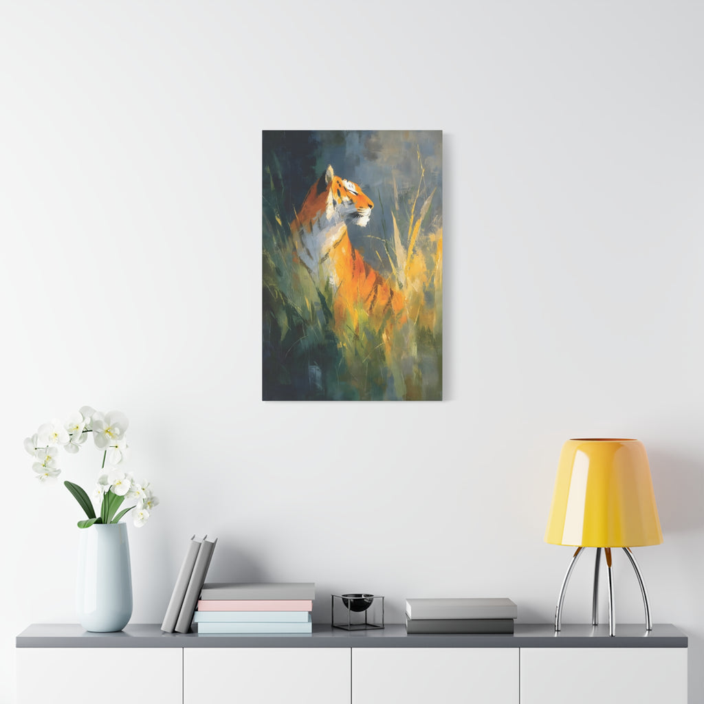 Indian Tiger Art on Canvas - Expressive Wildlife Painting in Golden Orange and Green - Vertical Statement Wall Art