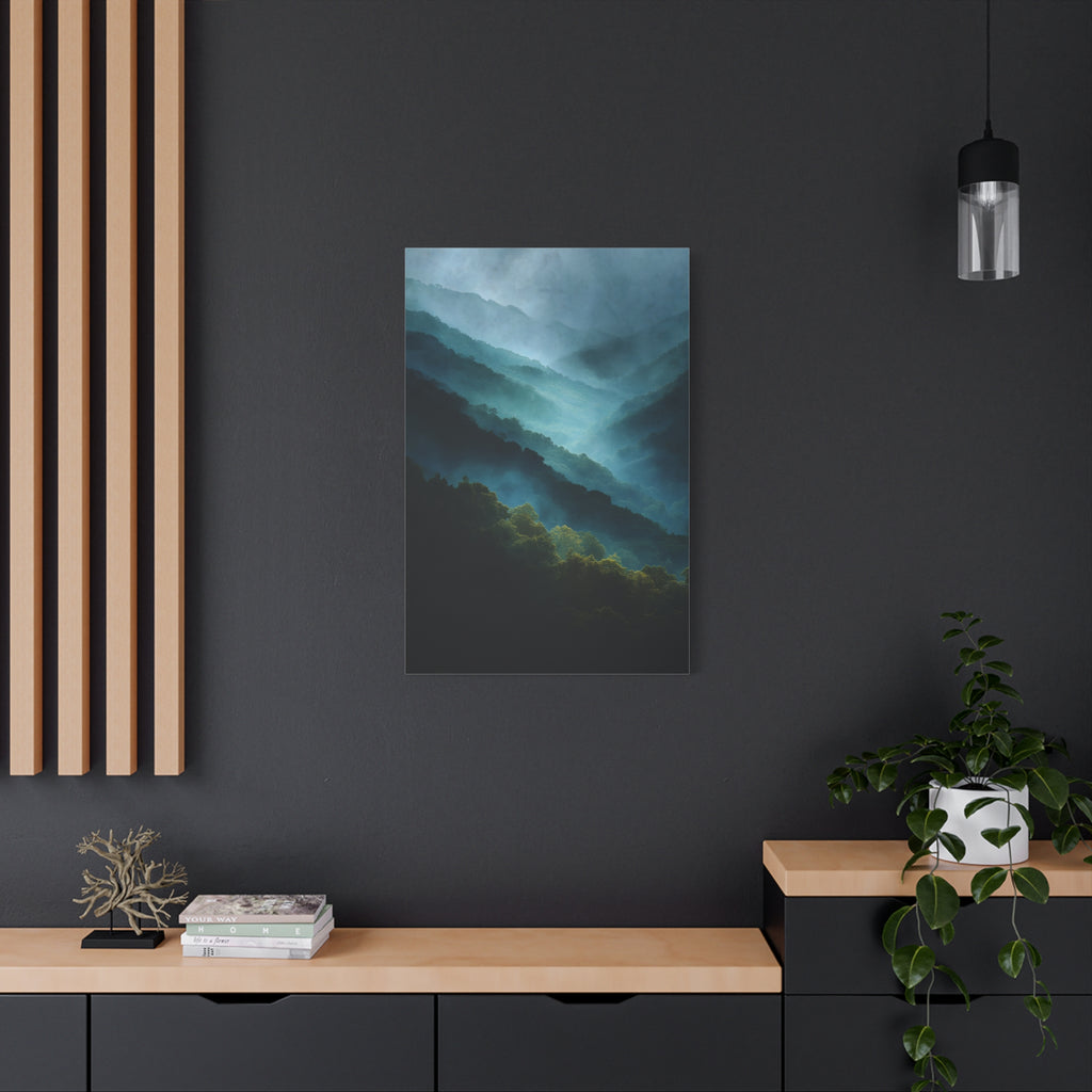 Misty Landscape Wall Art - Moody Blue Green Nature - Calm Modern Decor