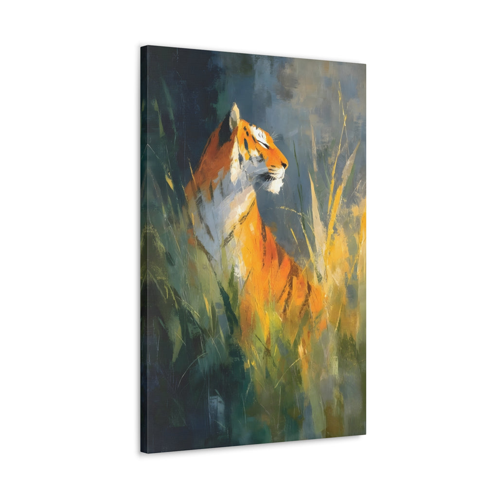 Indian Tiger Art on Canvas - Expressive Wildlife Painting in Golden Orange and Green - Vertical Statement Wall Art