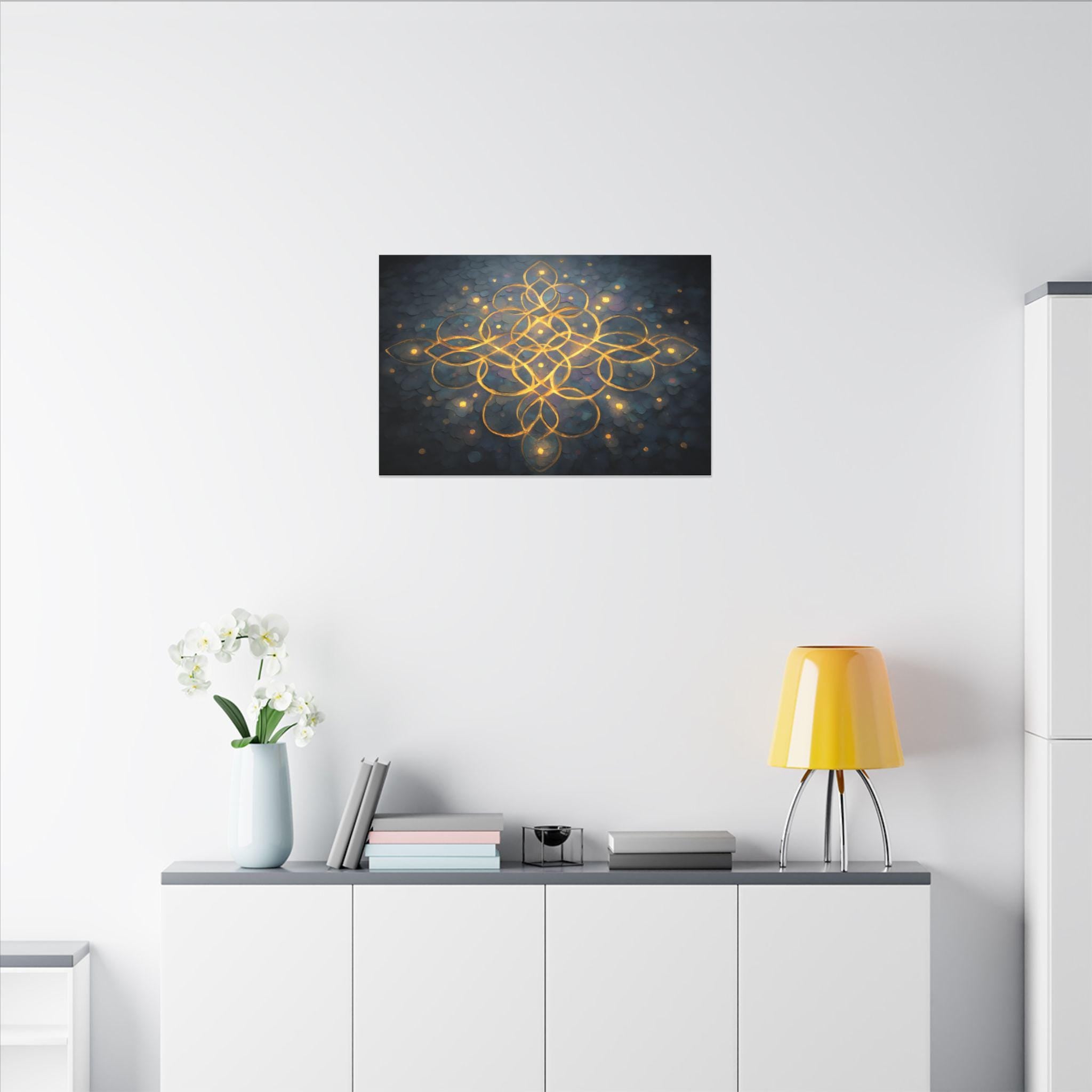 Luminous Kolam Canvas Art: Bohemian Geometry, Spiritual Decor