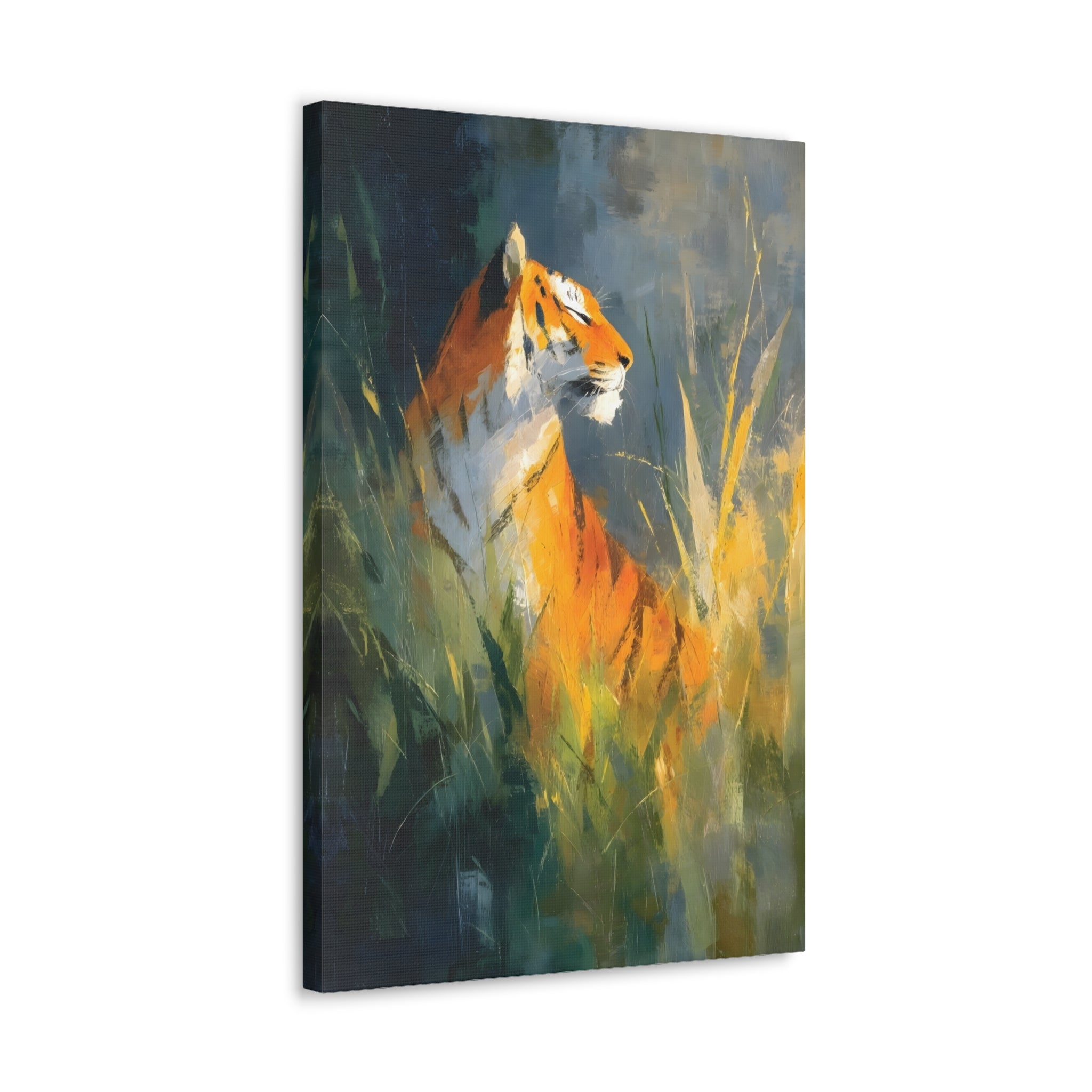 Indian Tiger Art on Canvas - Expressive Wildlife Painting in Golden Orange and Green - Vertical Statement Wall Art