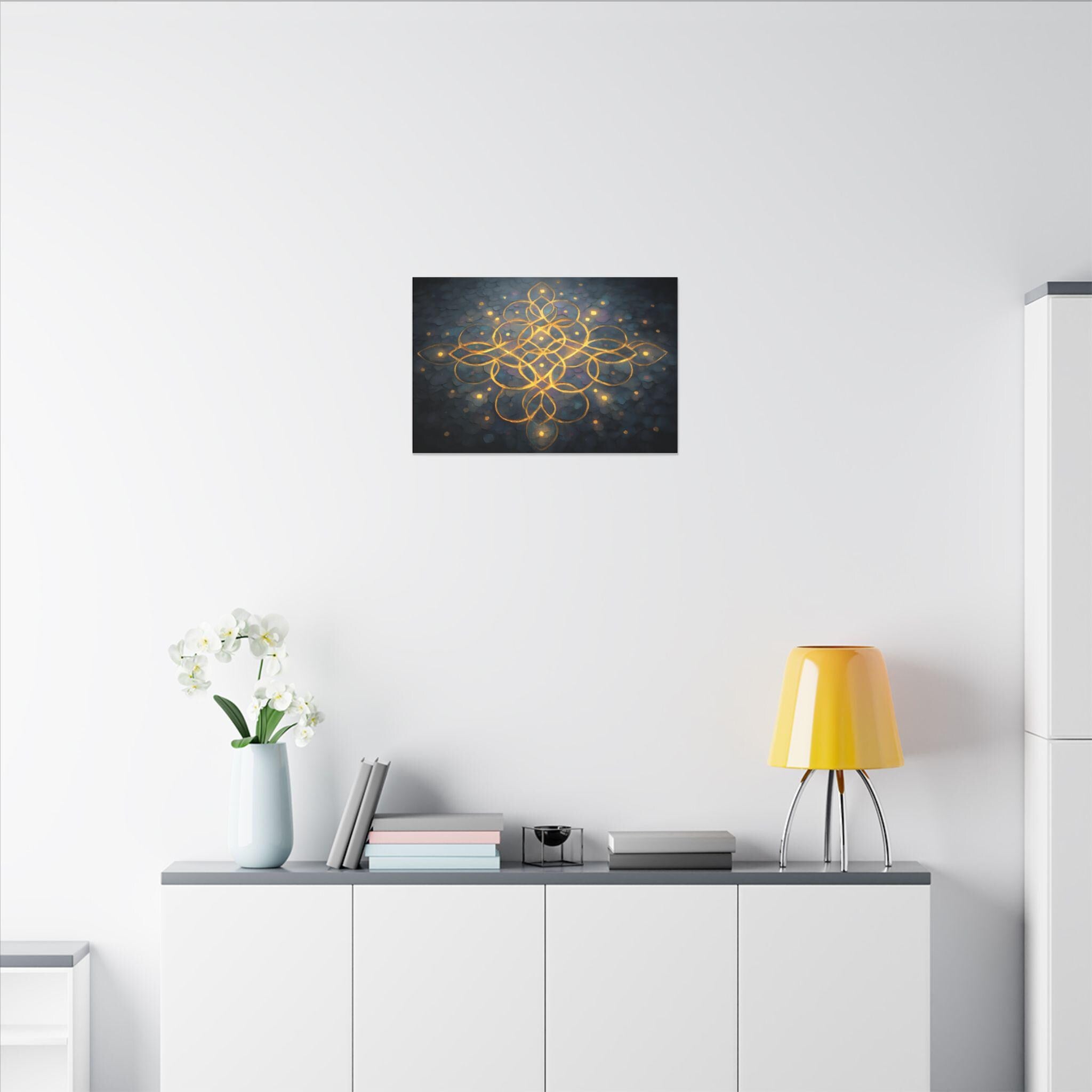 Luminous Kolam Canvas Art: Bohemian Geometry, Spiritual Decor