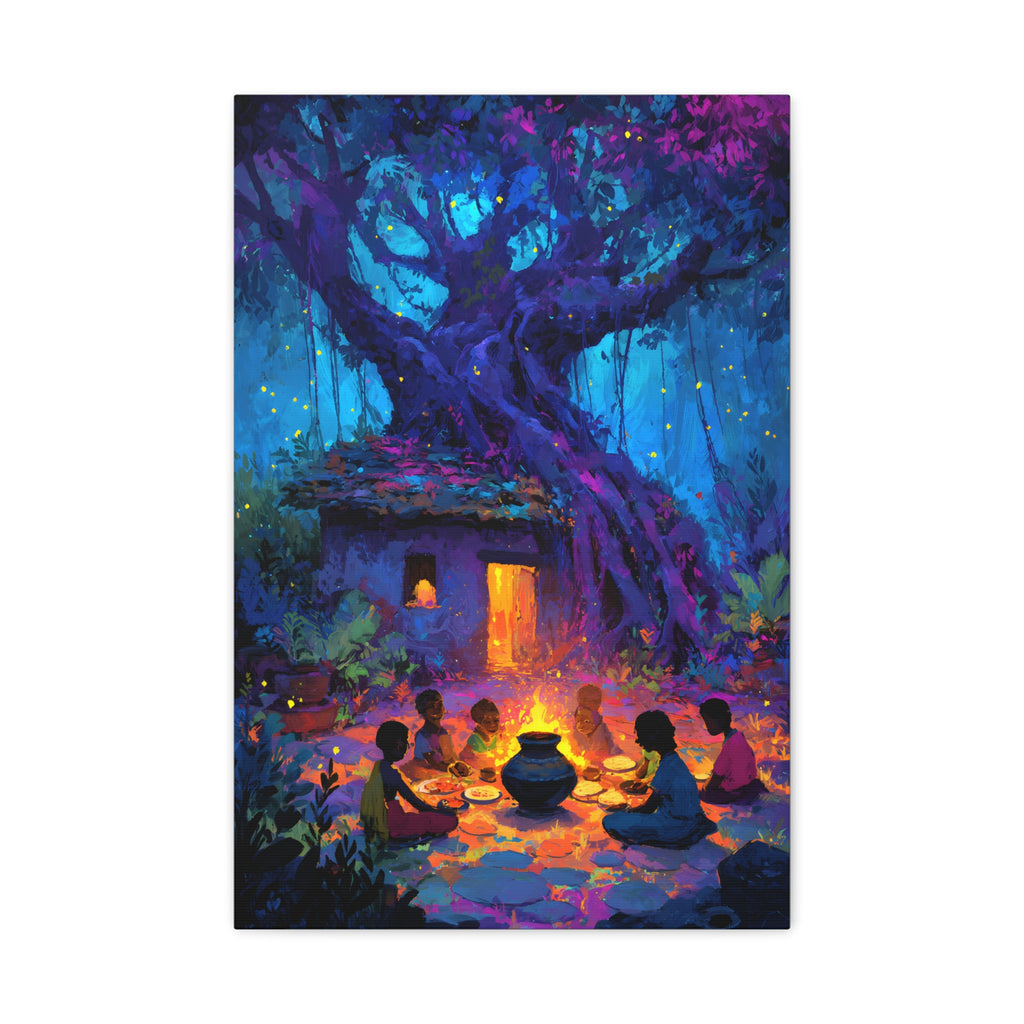 Indian Village Art Print - Banyan Tree Wall Art, Colorful Folk Painting, Rural India Decor, Enchanted Forest Illustration, Village Scene