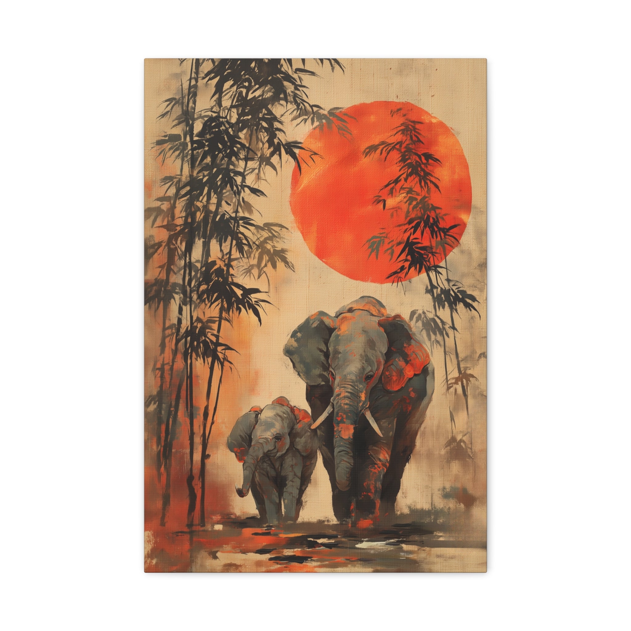 Japandi Elephant Wall Art Print - Mother & Calf for Living Room or Nursery