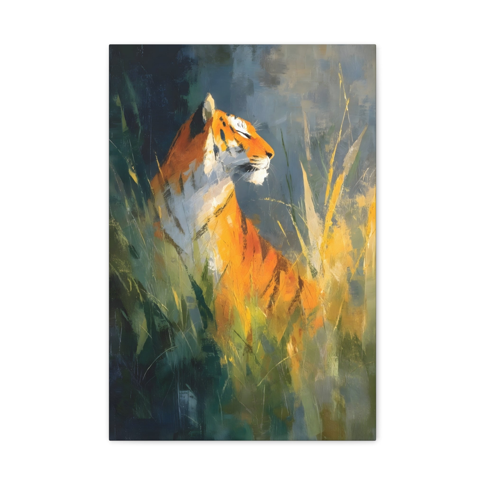 Indian Tiger Art on Canvas - Expressive Wildlife Painting in Golden Orange and Green - Vertical Statement Wall Art