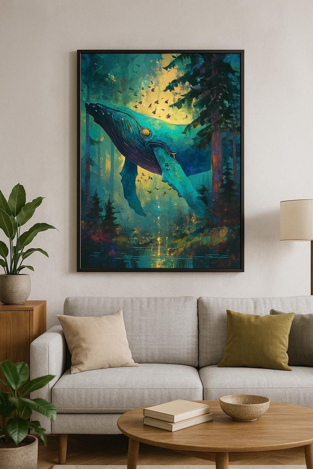 Celestial Forest Whale: Surreal Dreamscape Wall Art