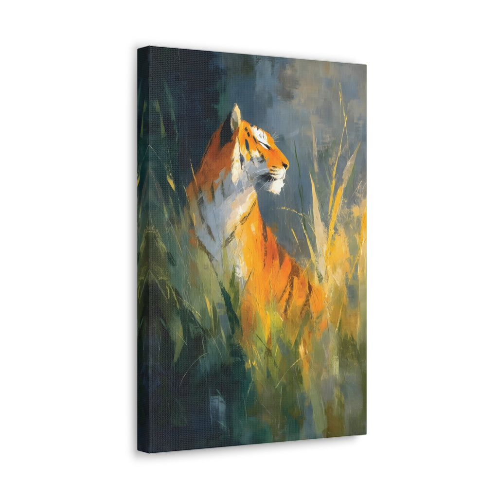 Indian Tiger Art on Canvas - Expressive Wildlife Painting in Golden Orange and Green - Vertical Statement Wall Art