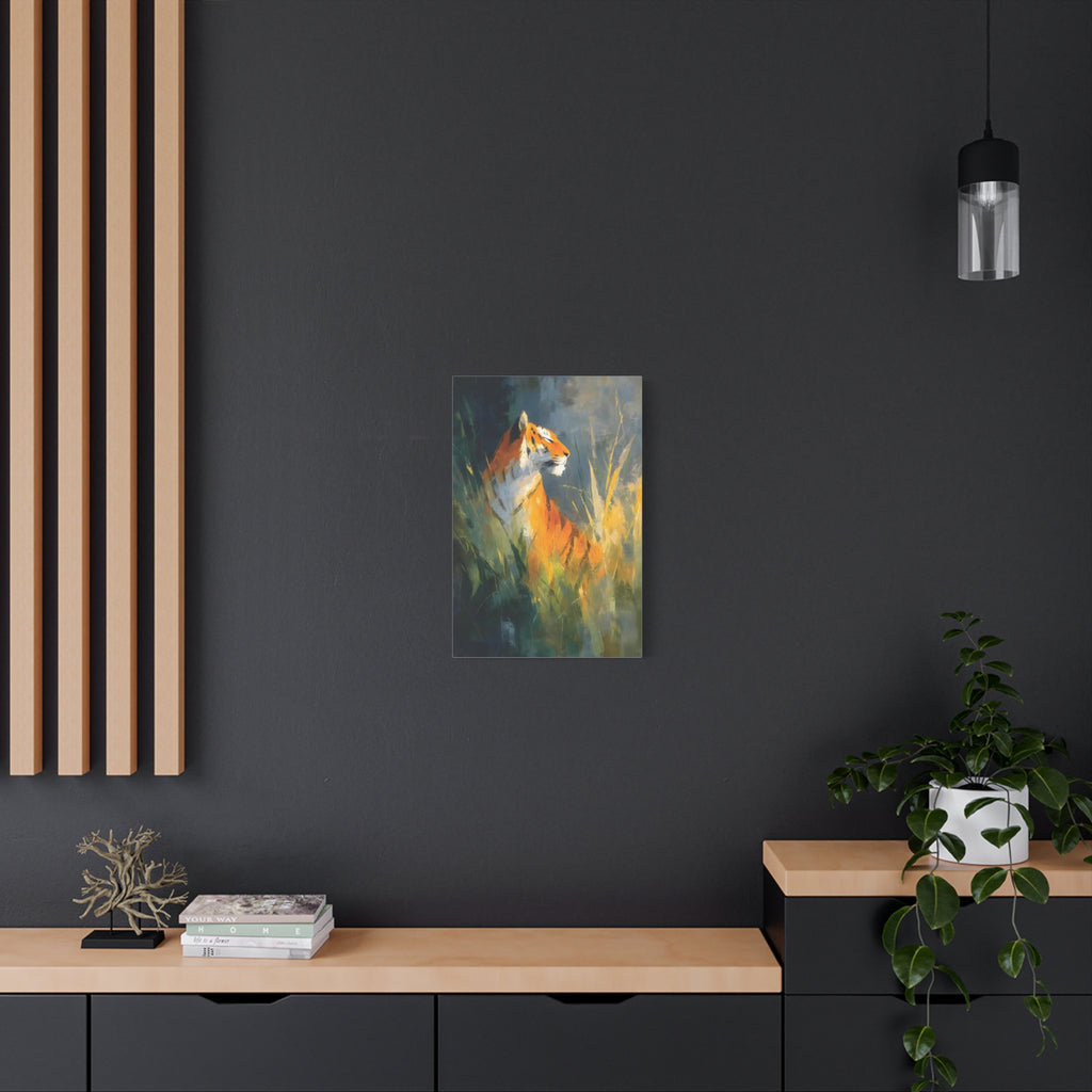 Indian Tiger Art on Canvas - Expressive Wildlife Painting in Golden Orange and Green - Vertical Statement Wall Art