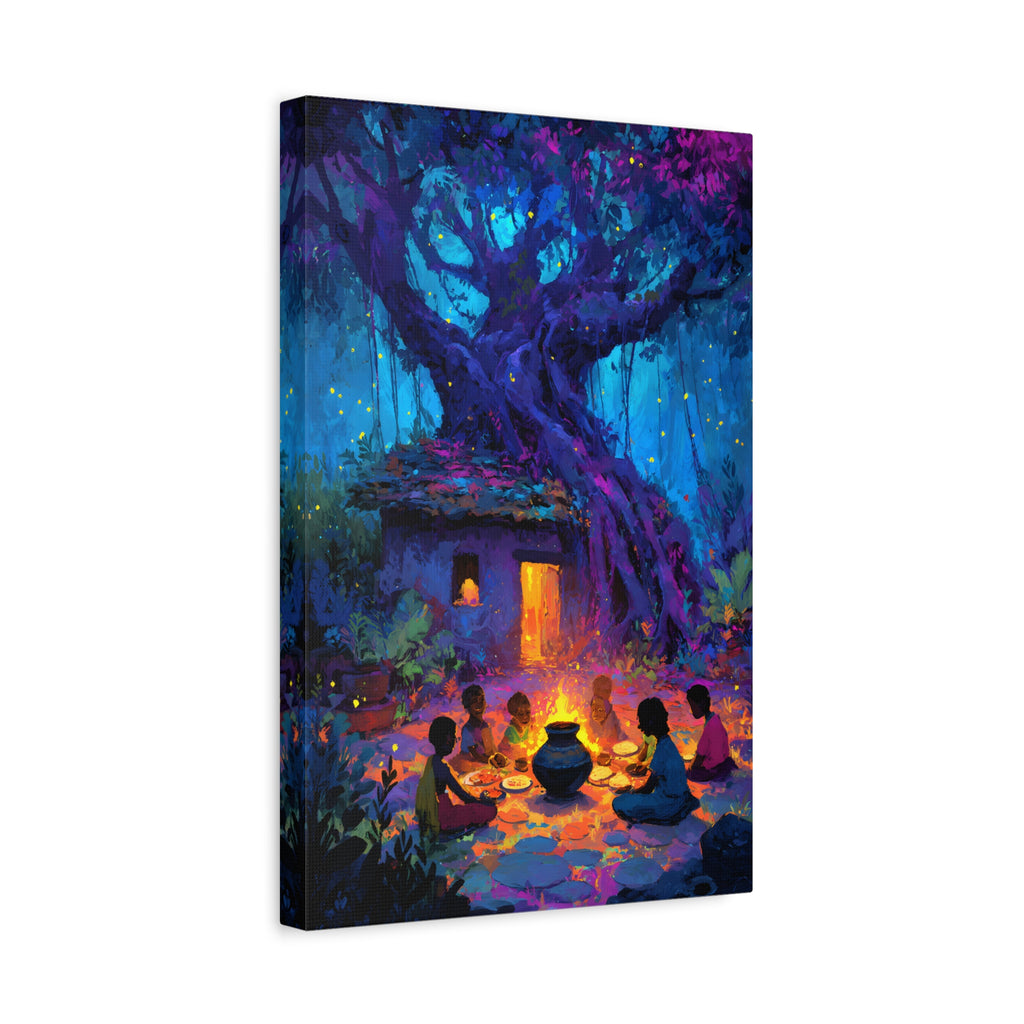 Indian Village Art Print - Banyan Tree Wall Art, Colorful Folk Painting, Rural India Decor, Enchanted Forest Illustration, Village Scene