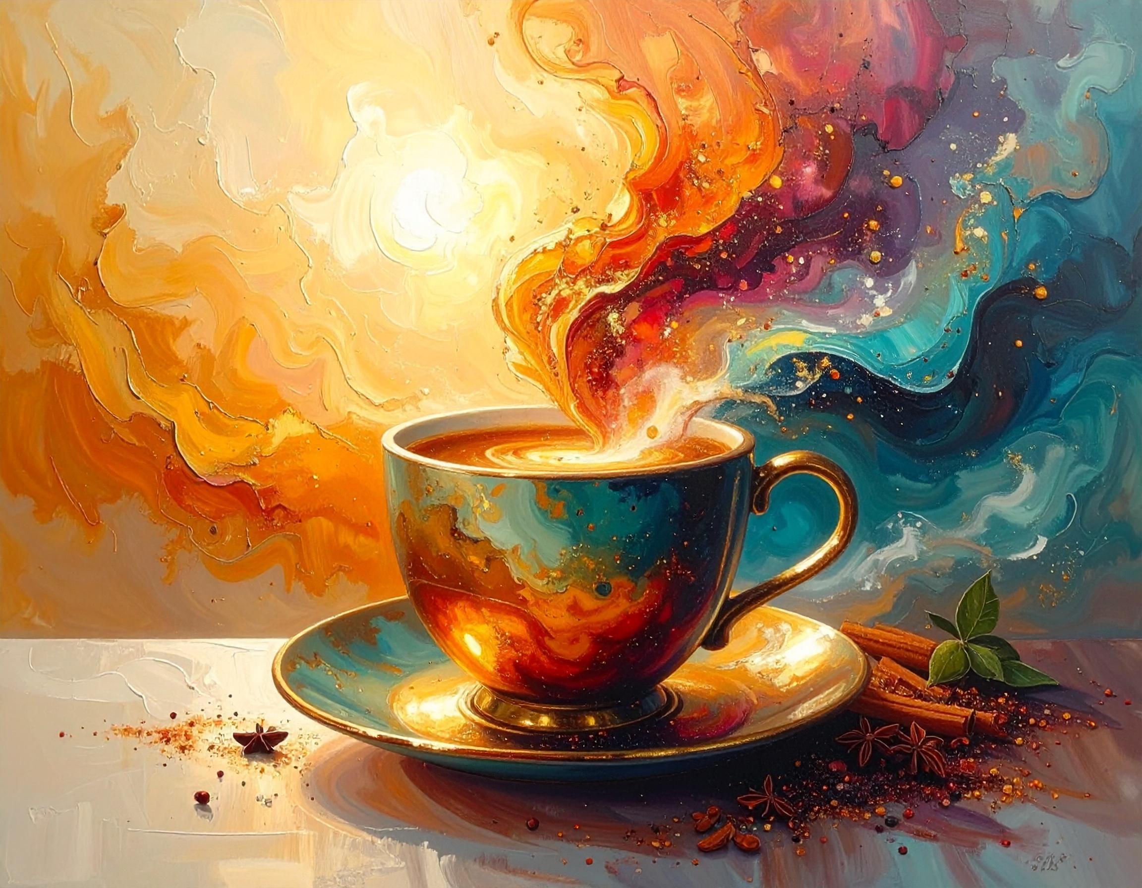 Cosmic Chai Art Print: Surreal Abstract Tea Cup Painting
