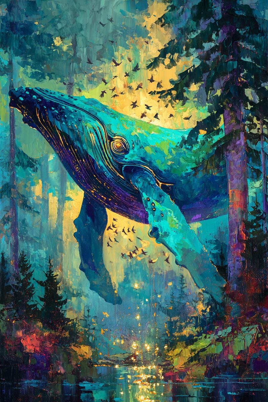Celestial Forest Whale: Surreal Dreamscape Wall Art