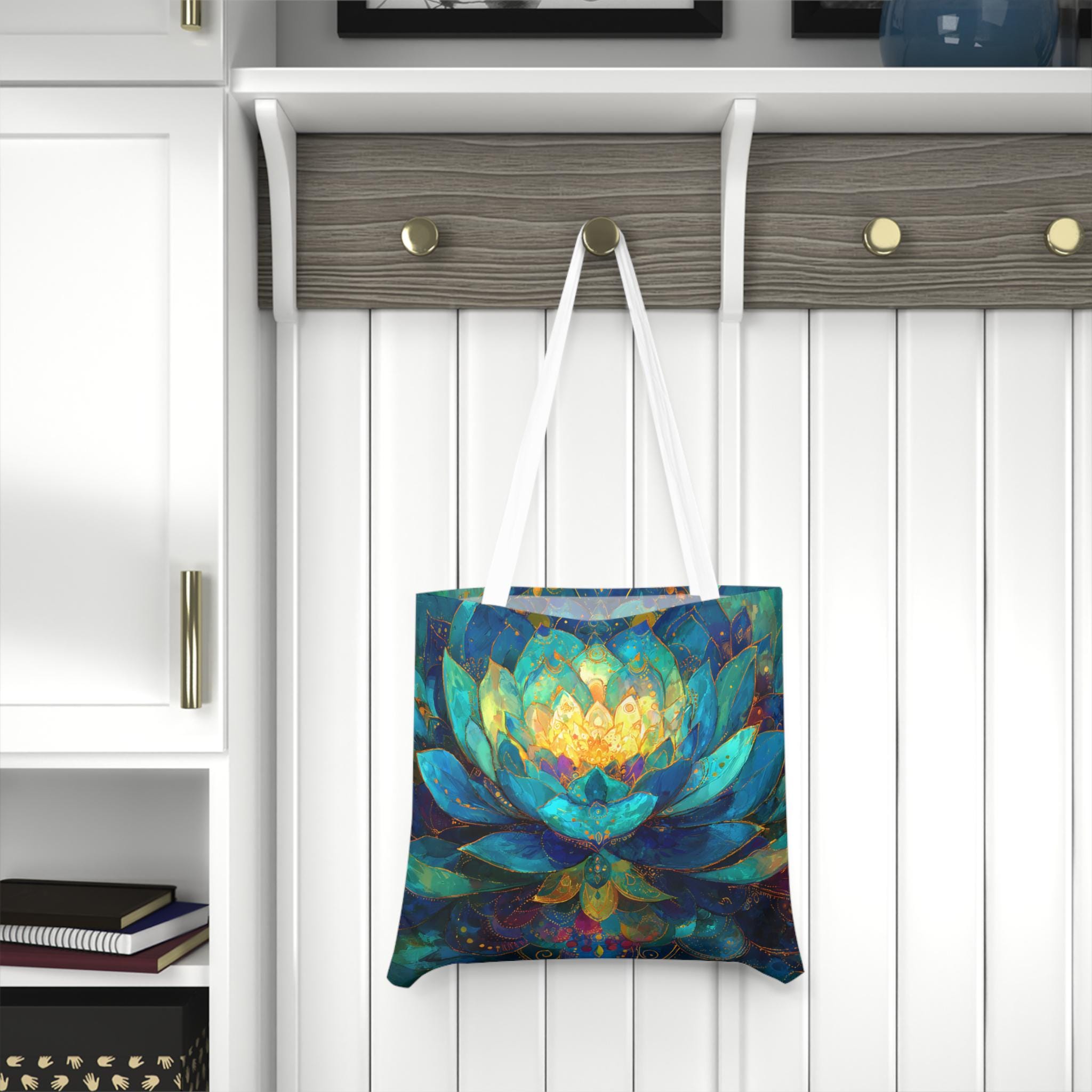 Lotus Print Shoulder Tote Bag - Eco-Friendly Cotton Canvas