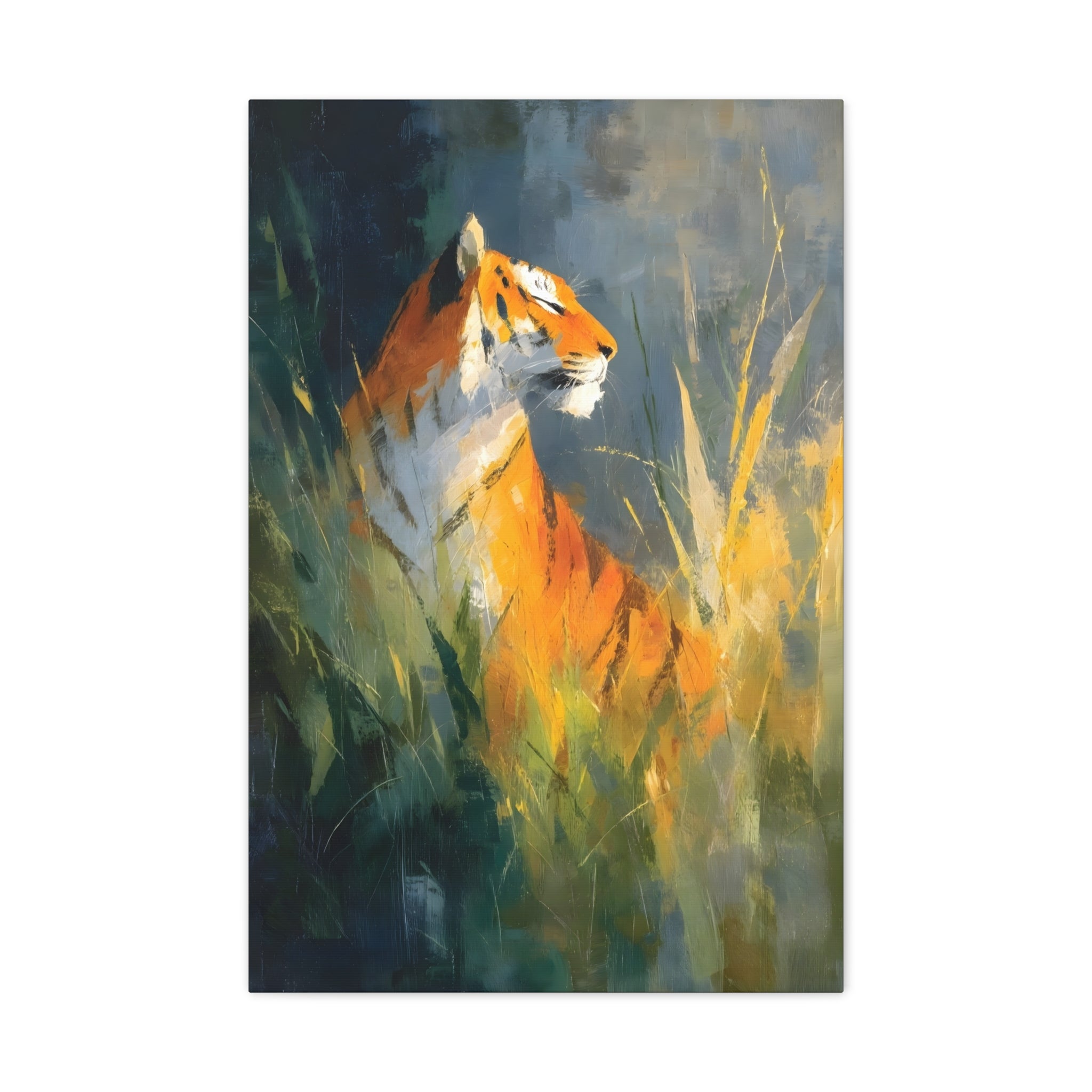 Indian Tiger Art on Canvas - Expressive Wildlife Painting in Golden Orange and Green - Vertical Statement Wall Art