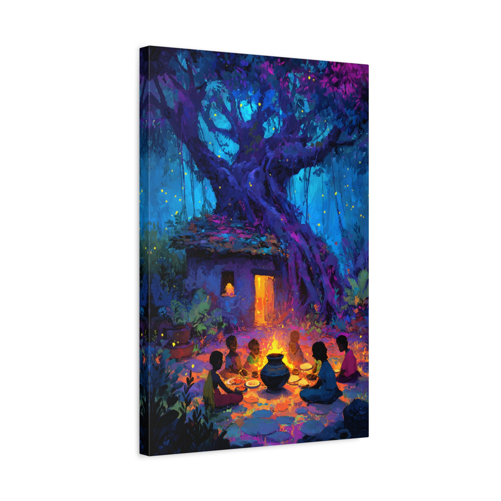 Indian Village Art Print - Banyan Tree Wall Art, Colorful Folk Painting, Rural India Decor, Enchanted Forest Illustration, Village Scene