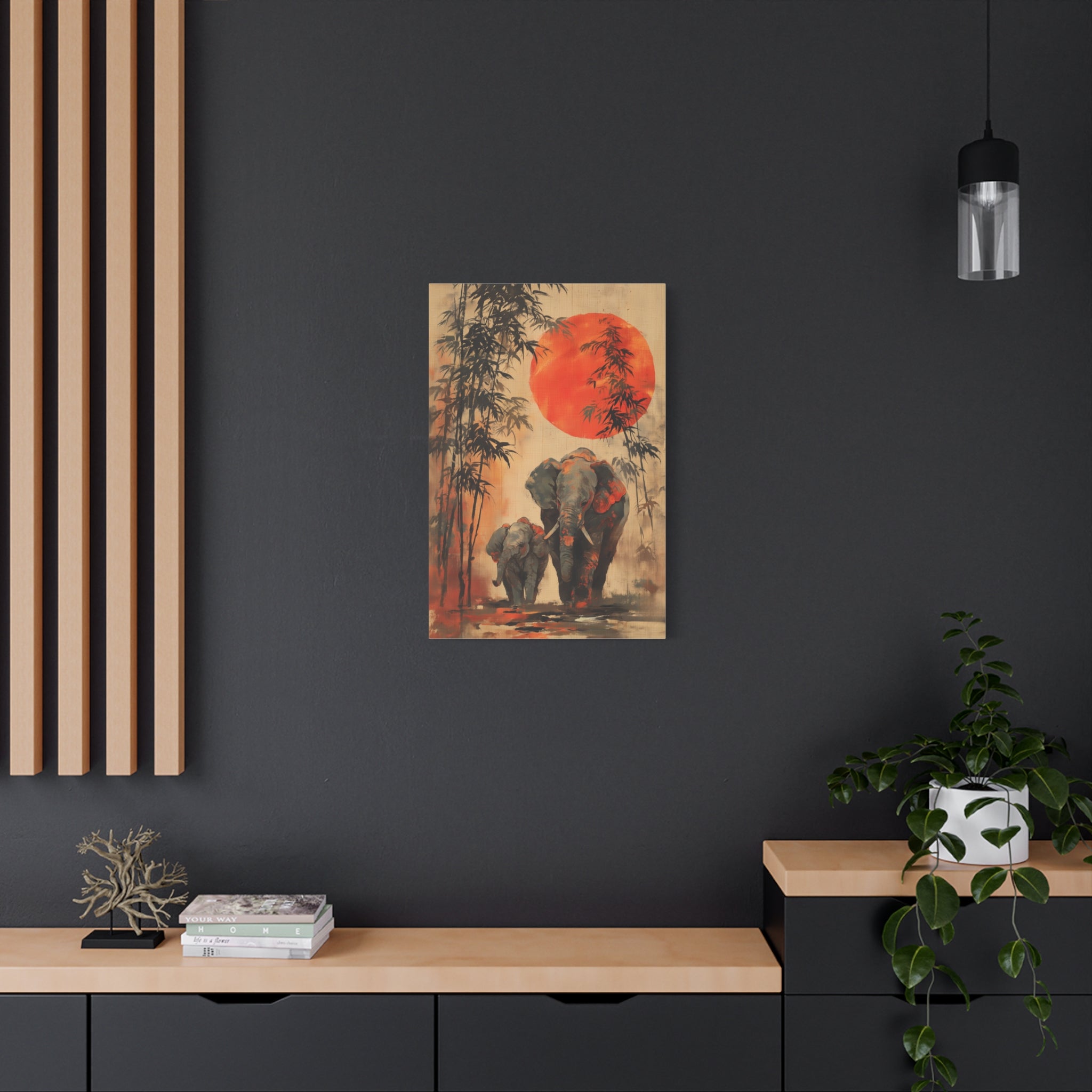 Japandi Elephant Wall Art Print - Mother & Calf for Living Room or Nursery