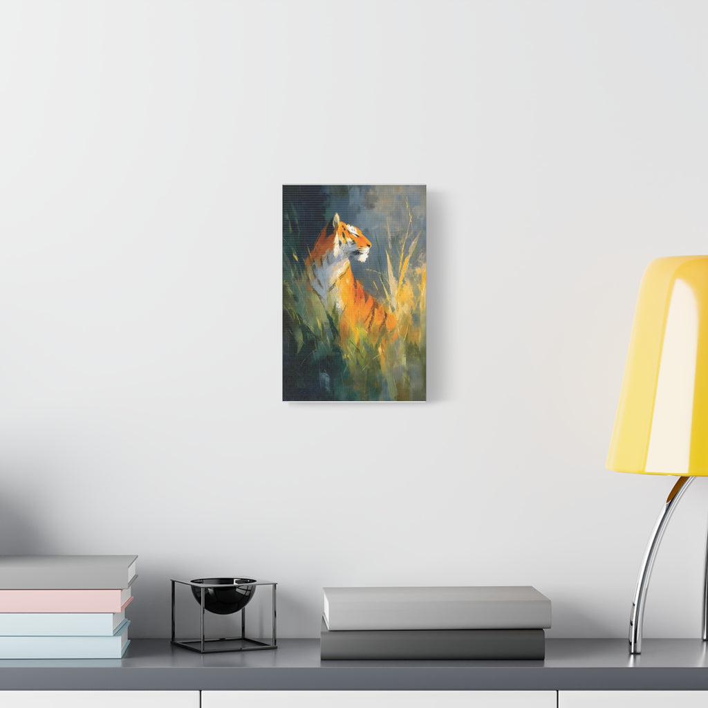 Indian Tiger Art on Canvas - Expressive Wildlife Painting in Golden Orange and Green - Vertical Statement Wall Art