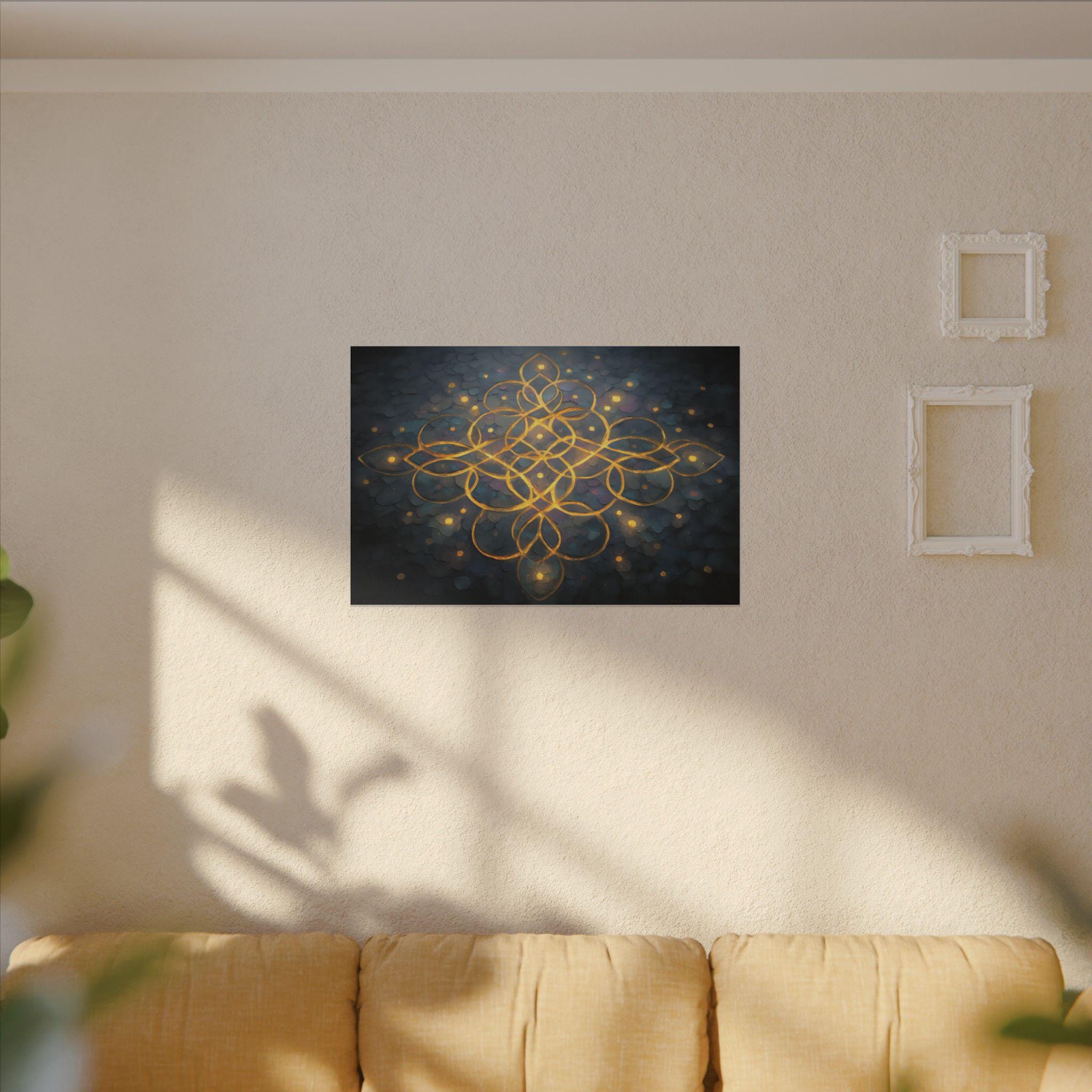 Luminous Kolam Canvas Art: Bohemian Geometry, Spiritual Decor