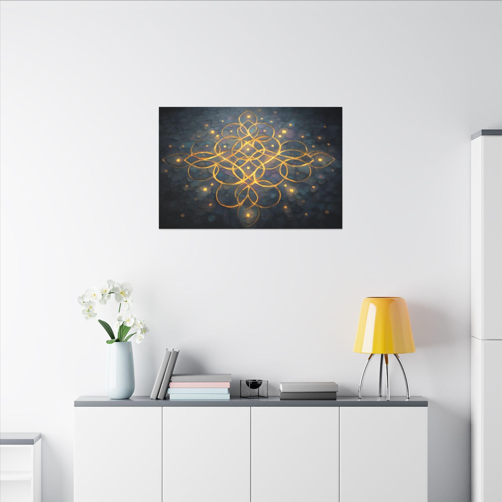 Luminous Kolam Canvas Art: Bohemian Geometry, Spiritual Decor