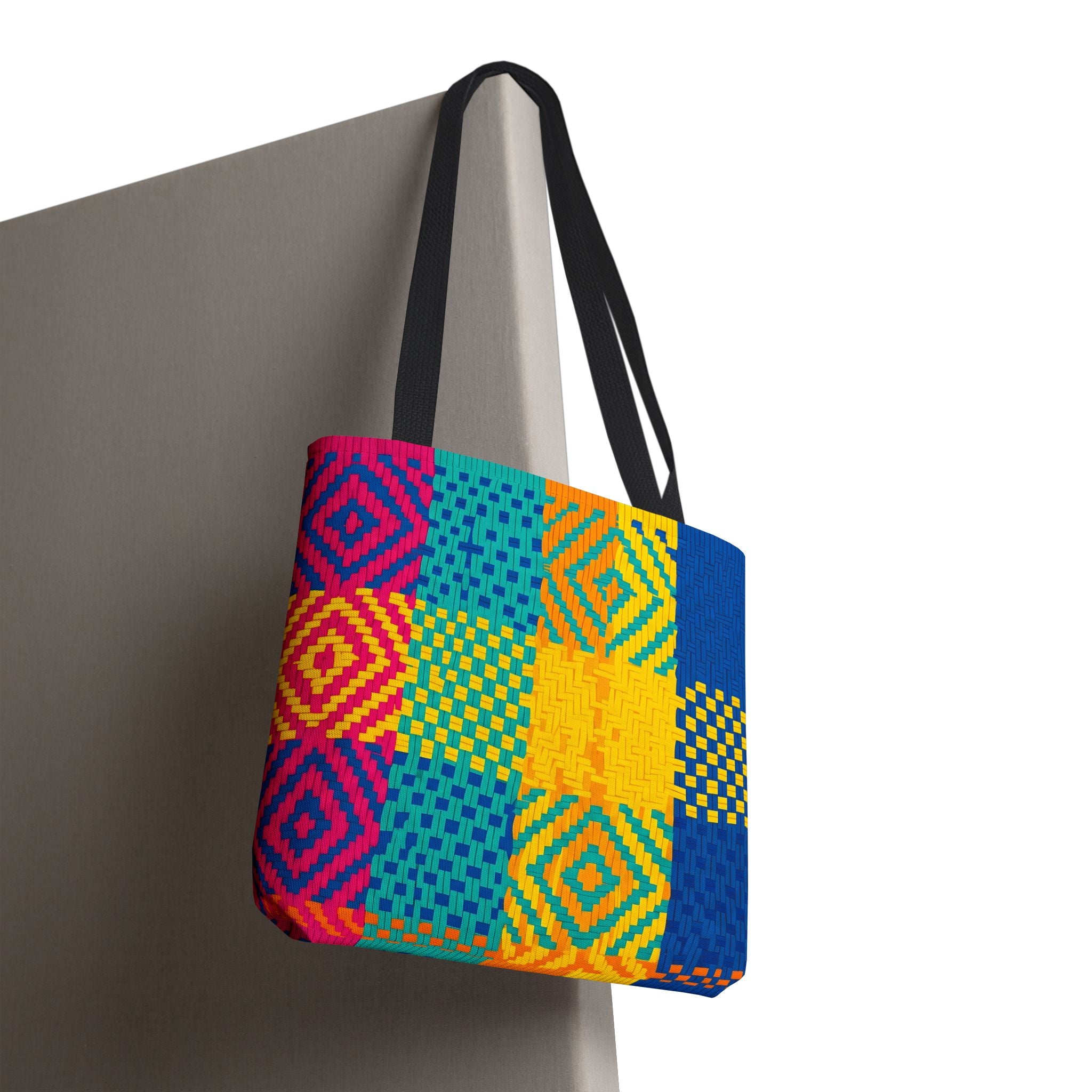 Indian Pattern Tote Bag – Bright Geometric Artwork in Fuchsia, Teal & Yellow