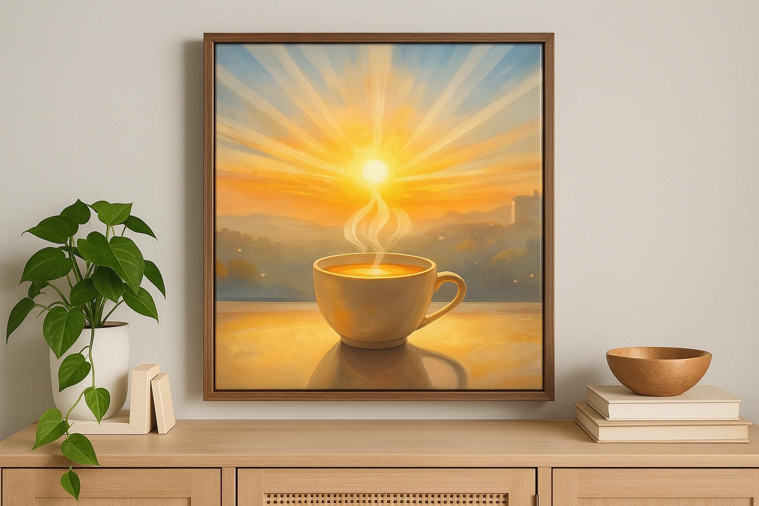 Sunrise Chai Cup Art Print: Minimalist Tea Room Decor