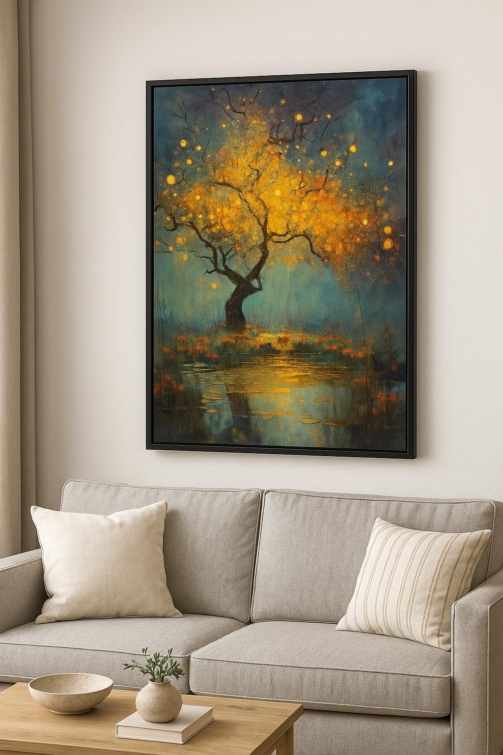 Golden Tree Landscape Painting: Mystical Enchanted Forest Wall Art