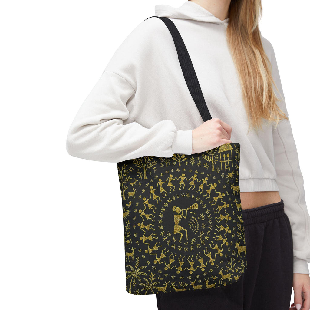 Warli Tribal Black and Gold Tote Bag | All-Over Print