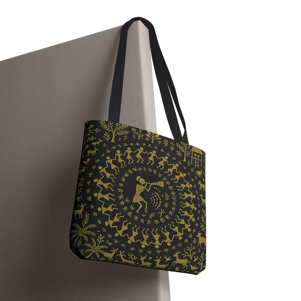 Warli Tribal Black and Gold Tote Bag | All-Over Print