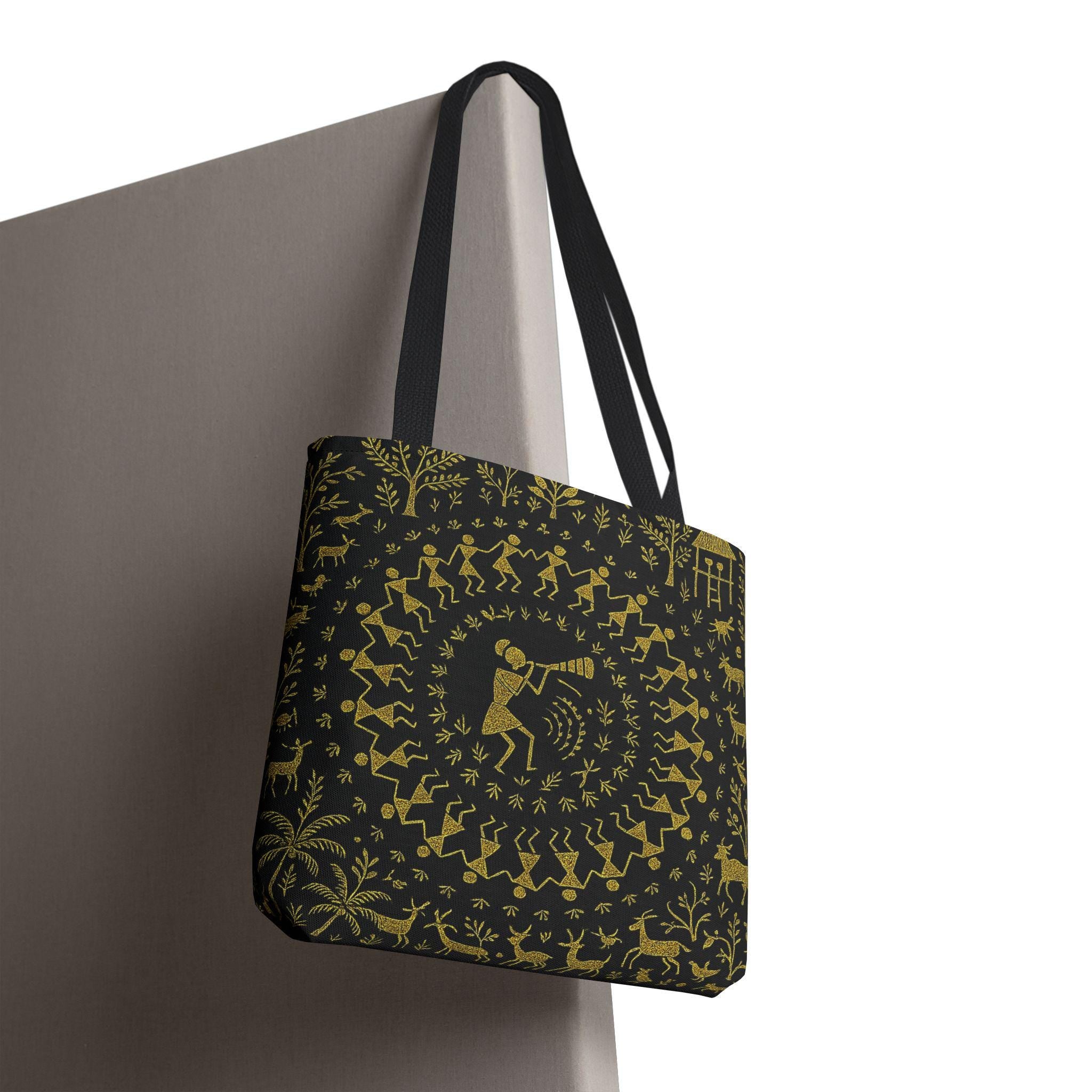 Warli Tribal Black and Gold Tote Bag | All-Over Print