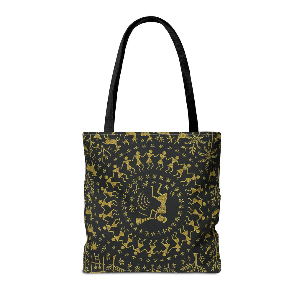 Warli Tribal Black and Gold Tote Bag | All-Over Print