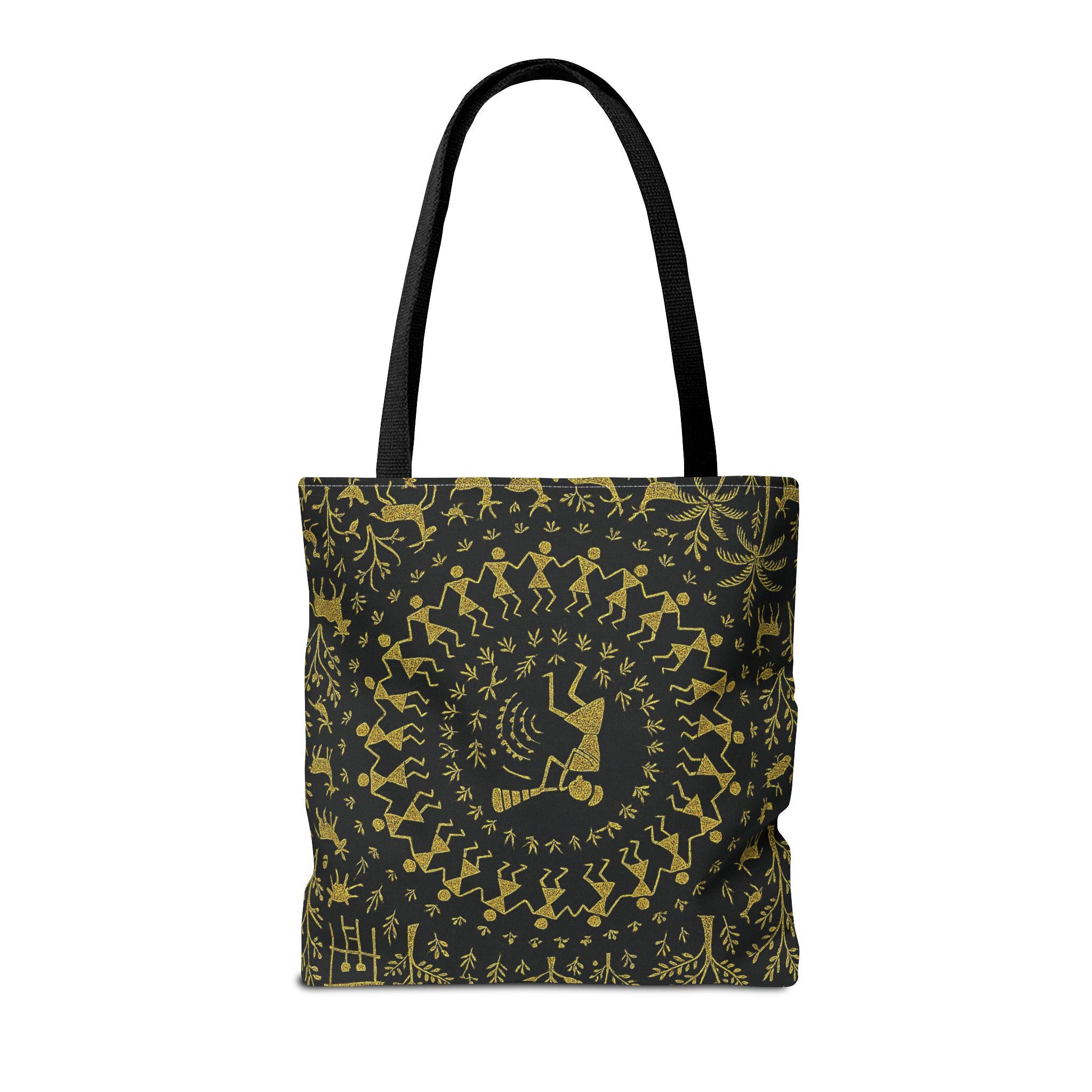 Warli Tribal Black and Gold Tote Bag | All-Over Print