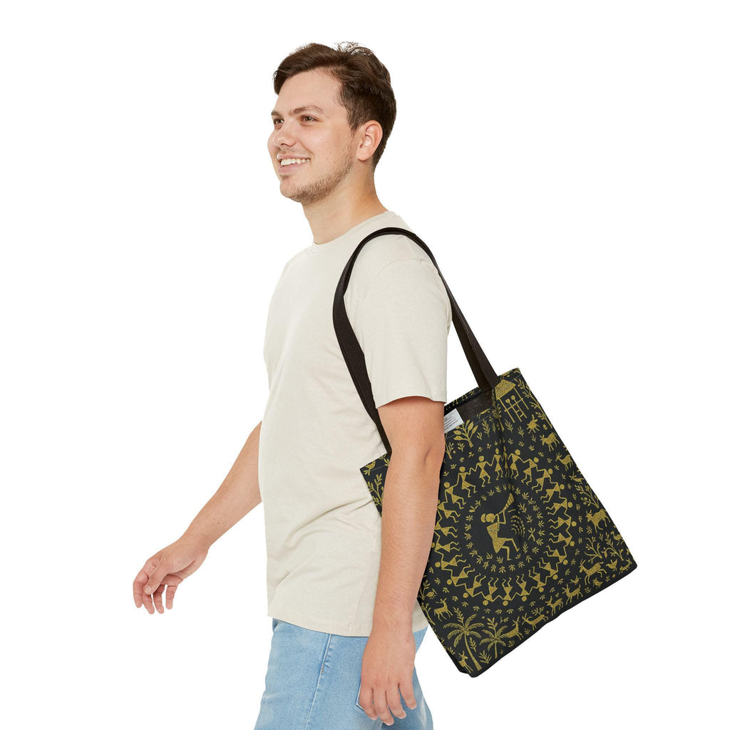 Warli Tribal Black and Gold Tote Bag | All-Over Print