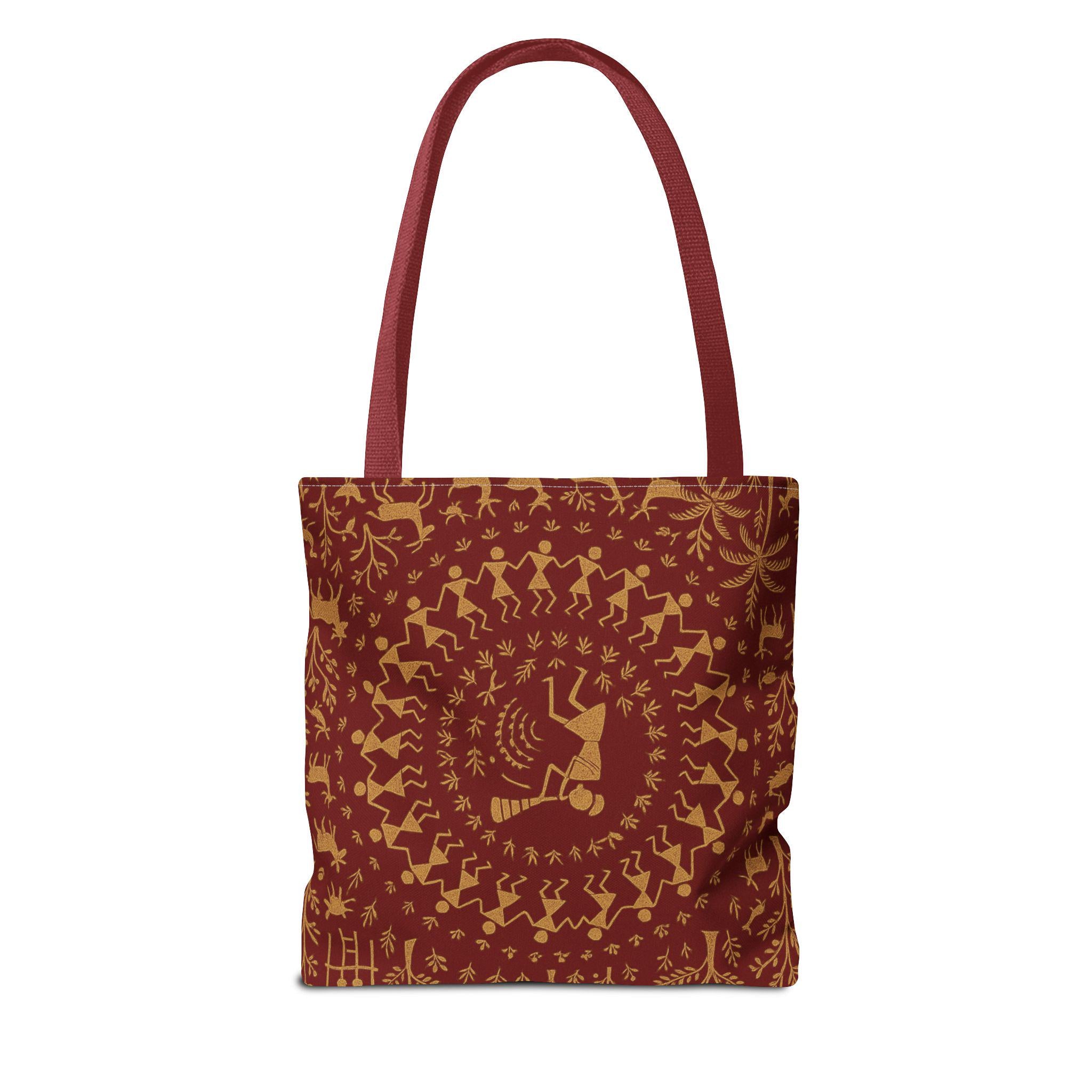 Warli Art Red and Gold Tote Bag | Tribal Folk Painting